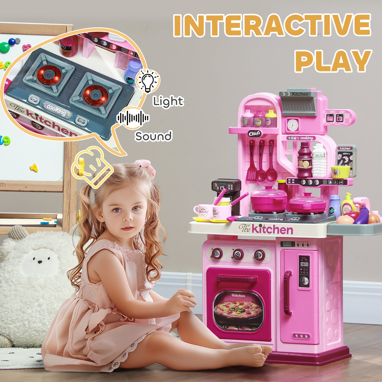 Kids Kitchen with 33 Pieces, Lights, Sounds, Storage