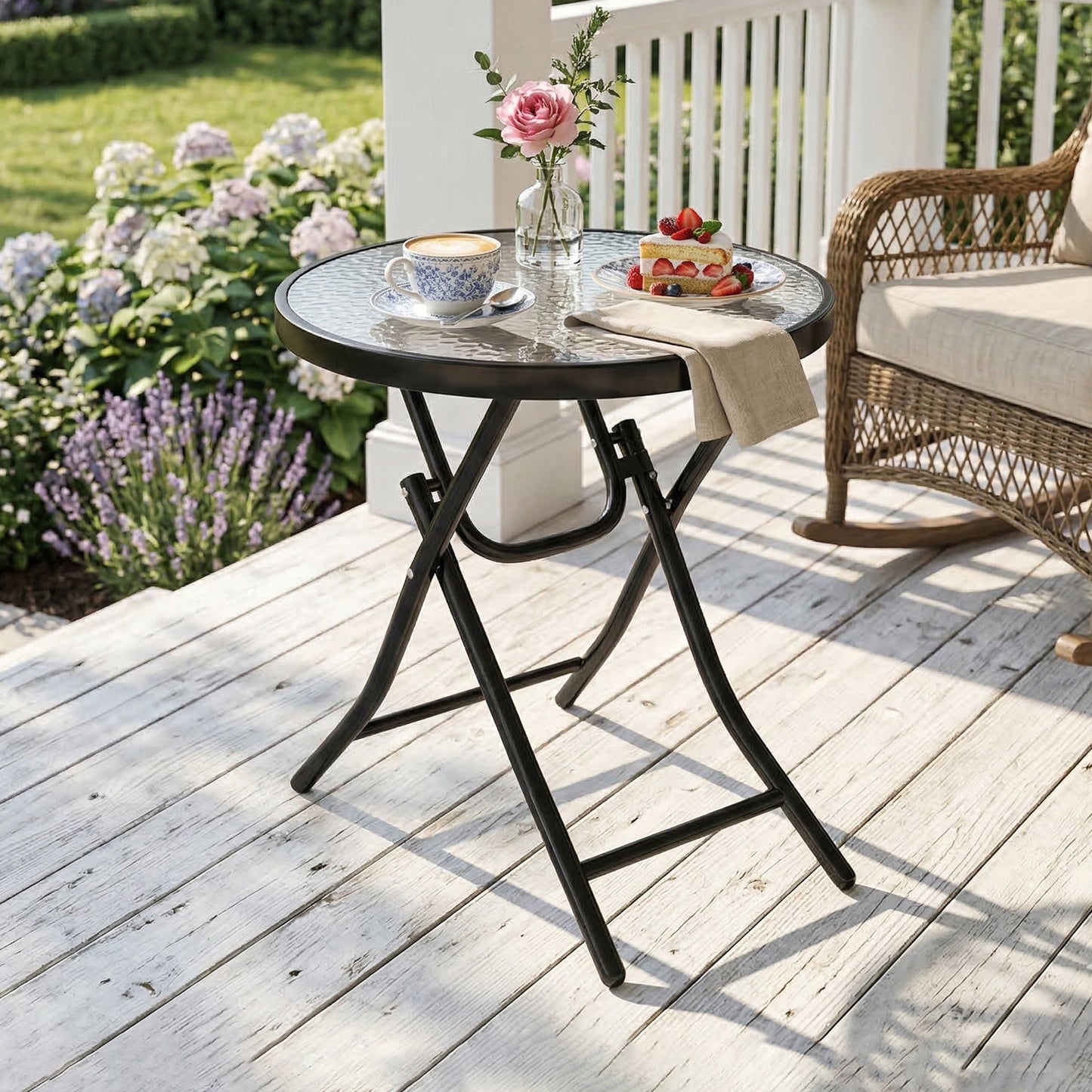 Foldable Garden Table, Round Folding Table with Glass Tabletop