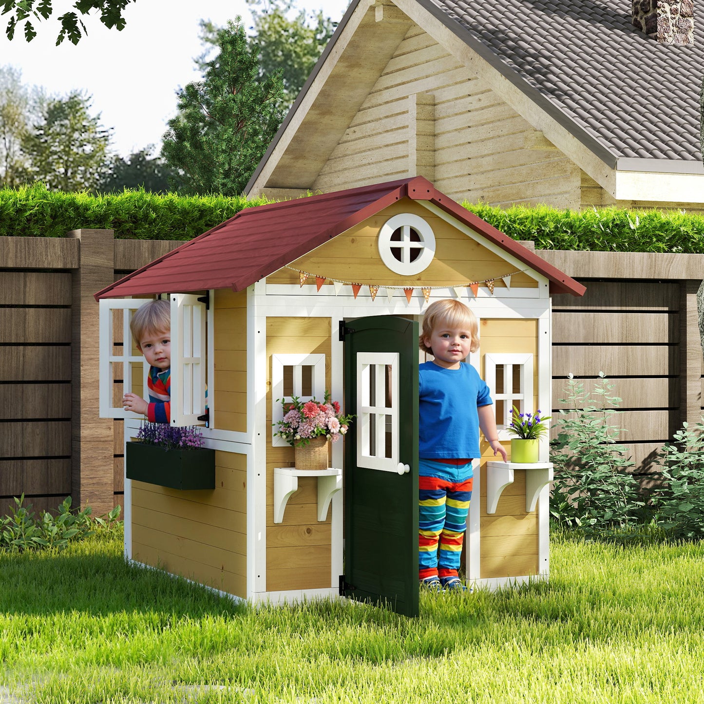Wooden Playhouse with Doors, Windows, Plant Pots, Boxes, for 3-8 Years