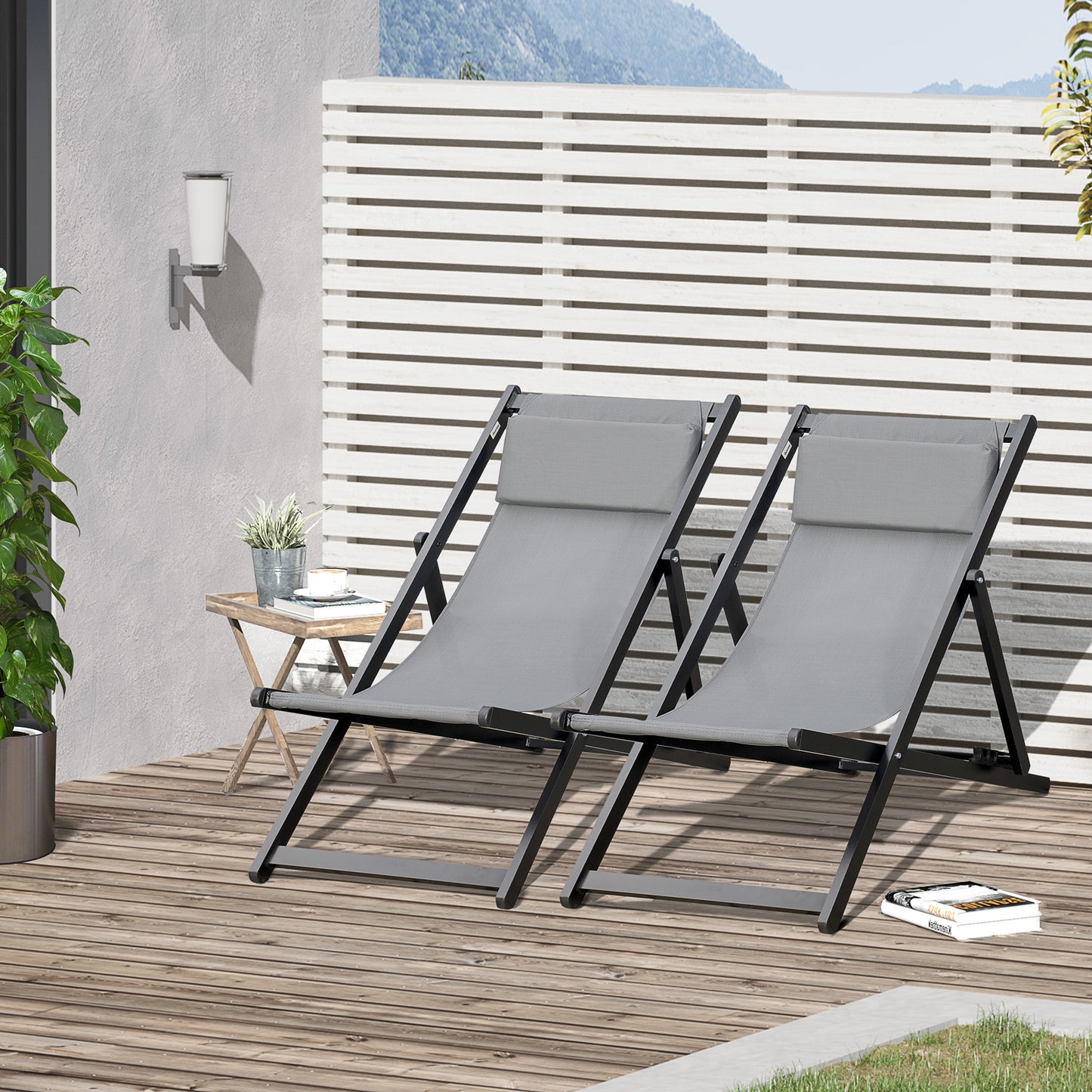 Set of 2 Folding Garden Beach Aluminium Frame Deck Chairs