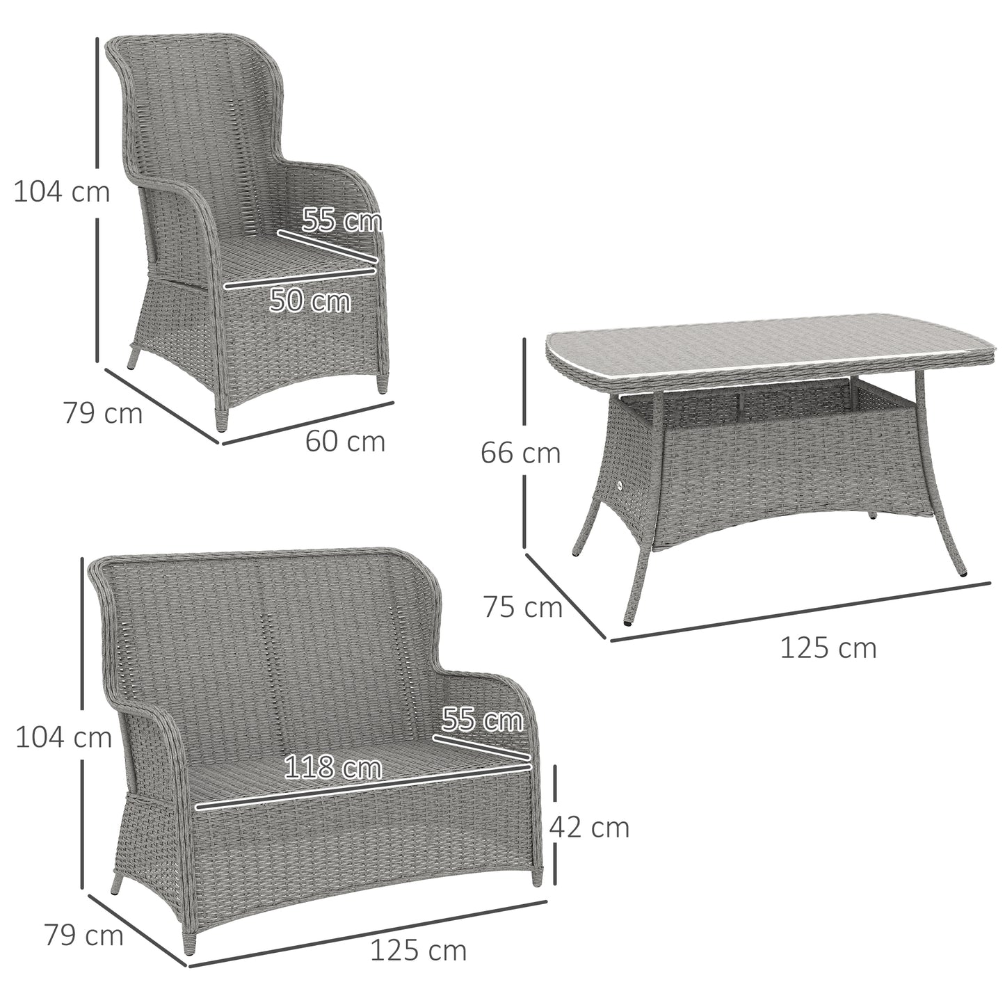 Garden PE Rattan Dining Sofa Set, Outdoor 4 Seater Wicker Furniture