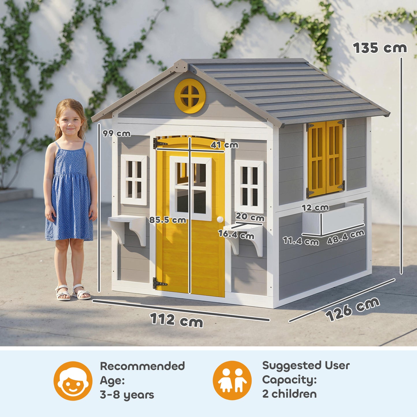 Wooden Playhouse with Doors, Windows, Plant Pots, Boxes, for 3-8 Years