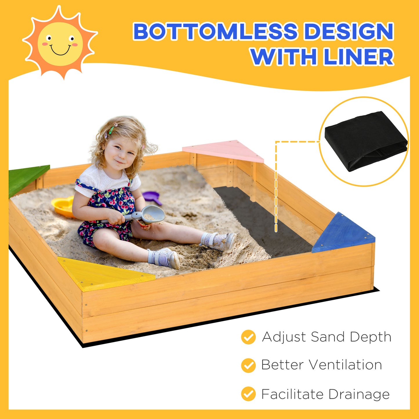 Kids Wooden Sand Pit, Children Sandbox, with Four Seats