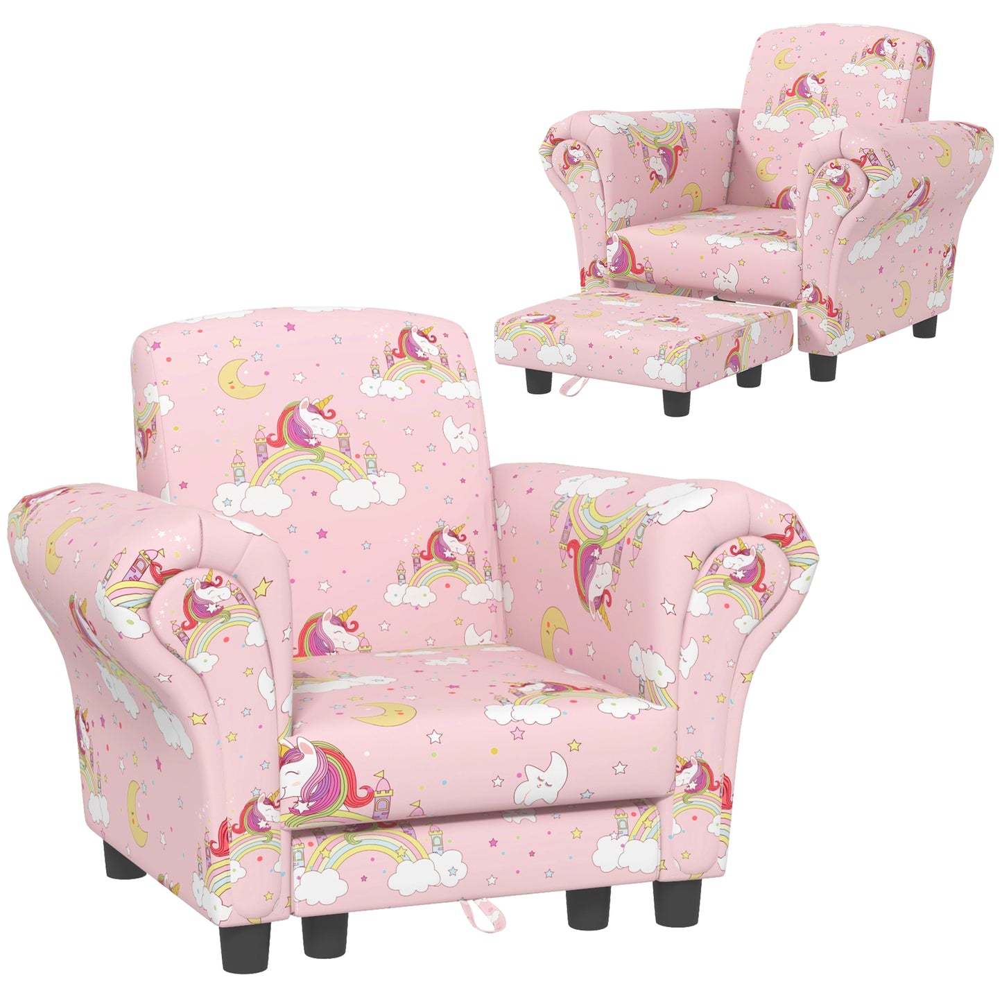 2 Piece Kids Sofa Set with Unicorn Design, Wooden Frame