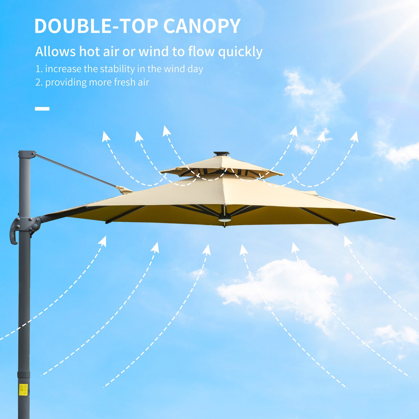 3m Cantilever Parasol with Solar Lights, Power Bank Base 360° Spin