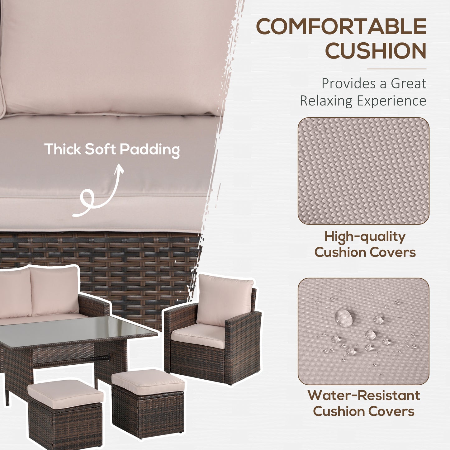 Six-Piece Rattan Sofa Set, with Glass-Top Table