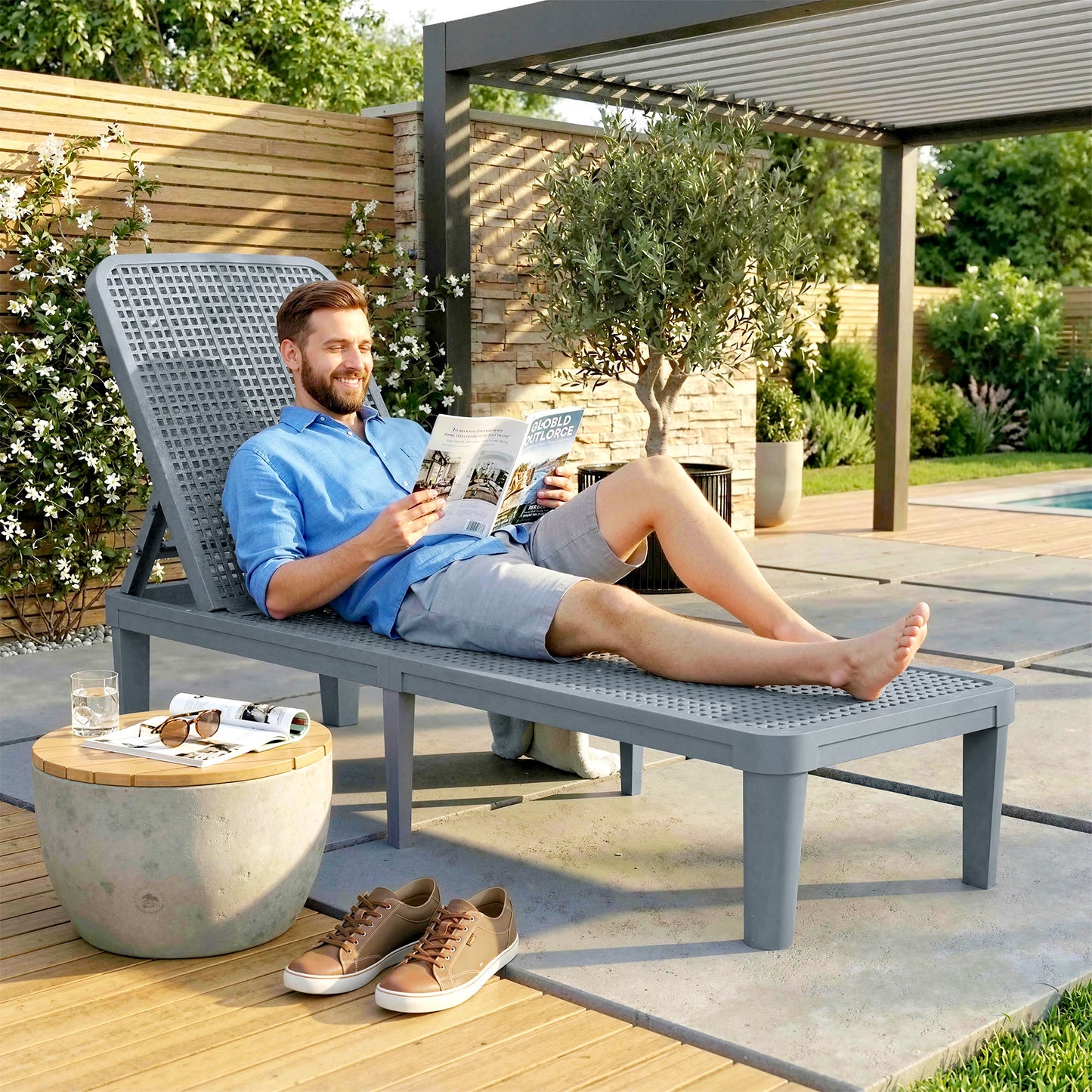 Plastic Sun Lounger, 4-Position Adjustable Reclining Garden Lounger