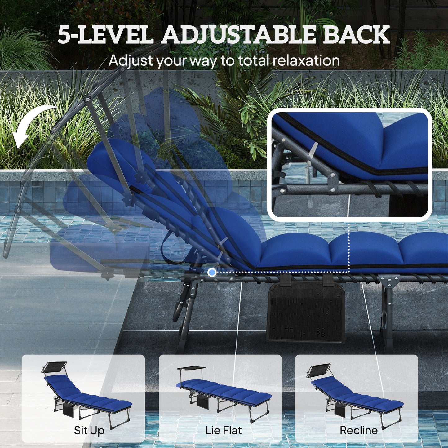 Folding Sun Lounger with Canopy, Reclining Sunbed with Cushion