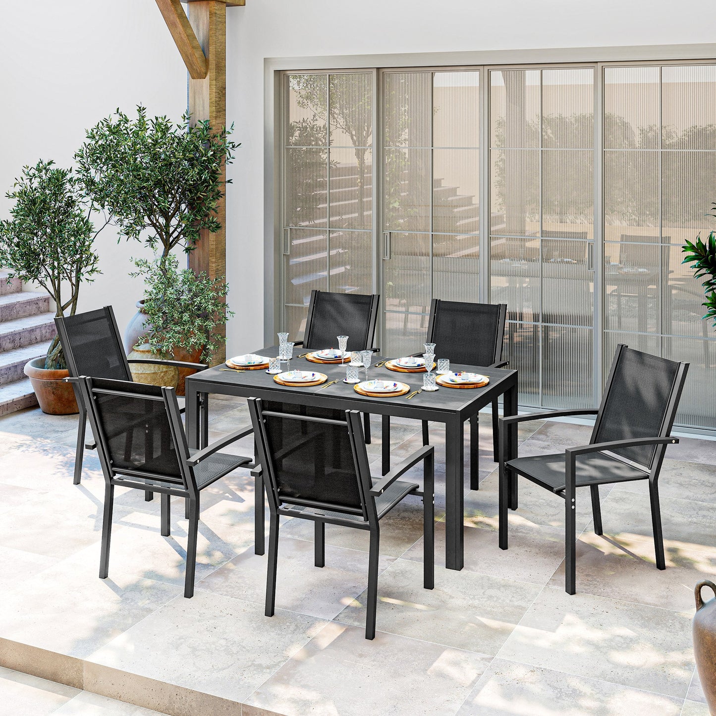 Seven-Piece Garden Dining Set, with Plastic Wood-Top Table