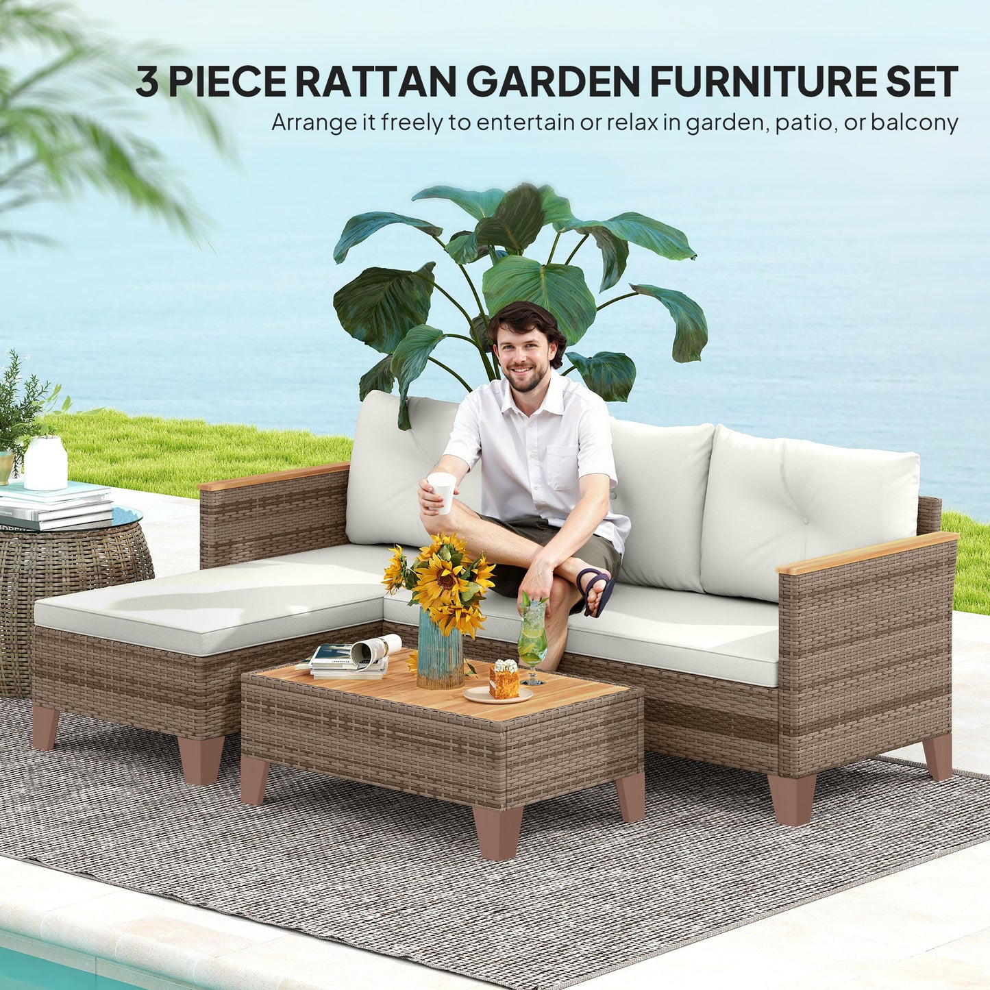 3 Pieces Rattan Garden Furniture Set