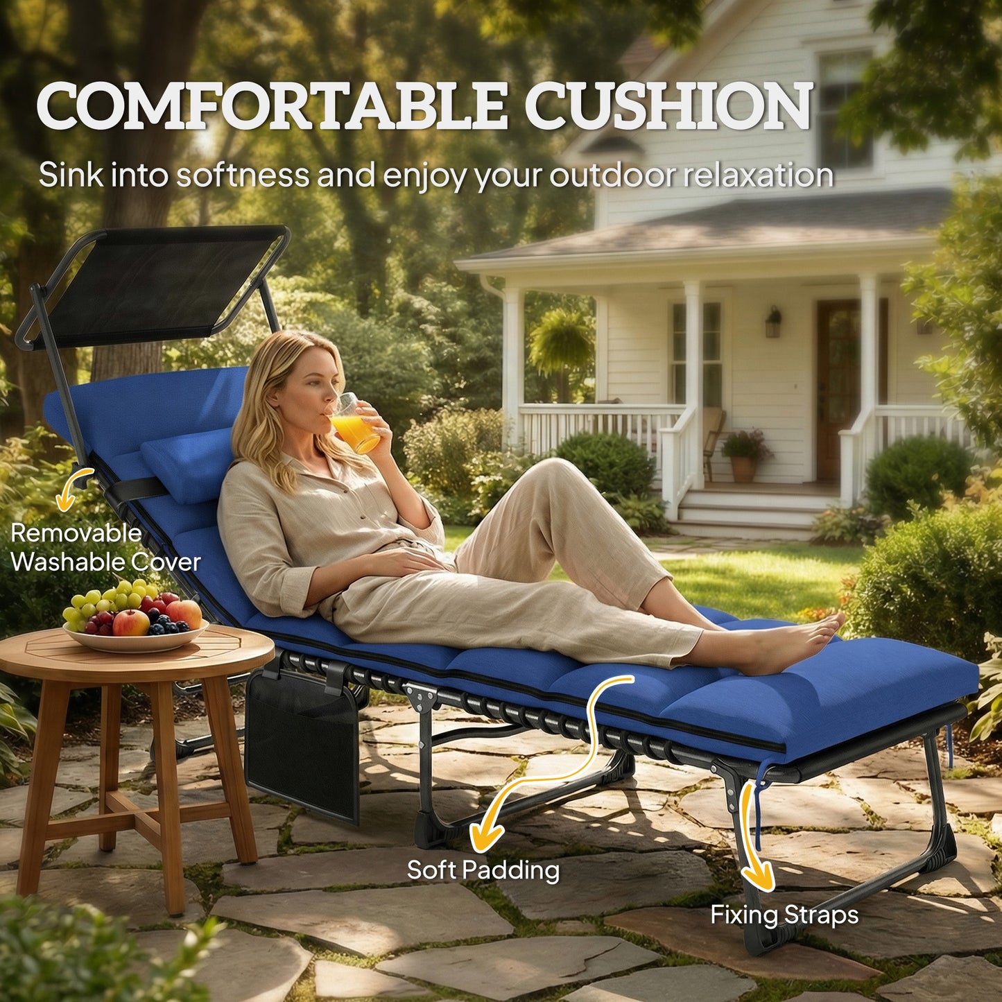 Folding Sun Lounger with Canopy, Reclining Sunbed with Cushion