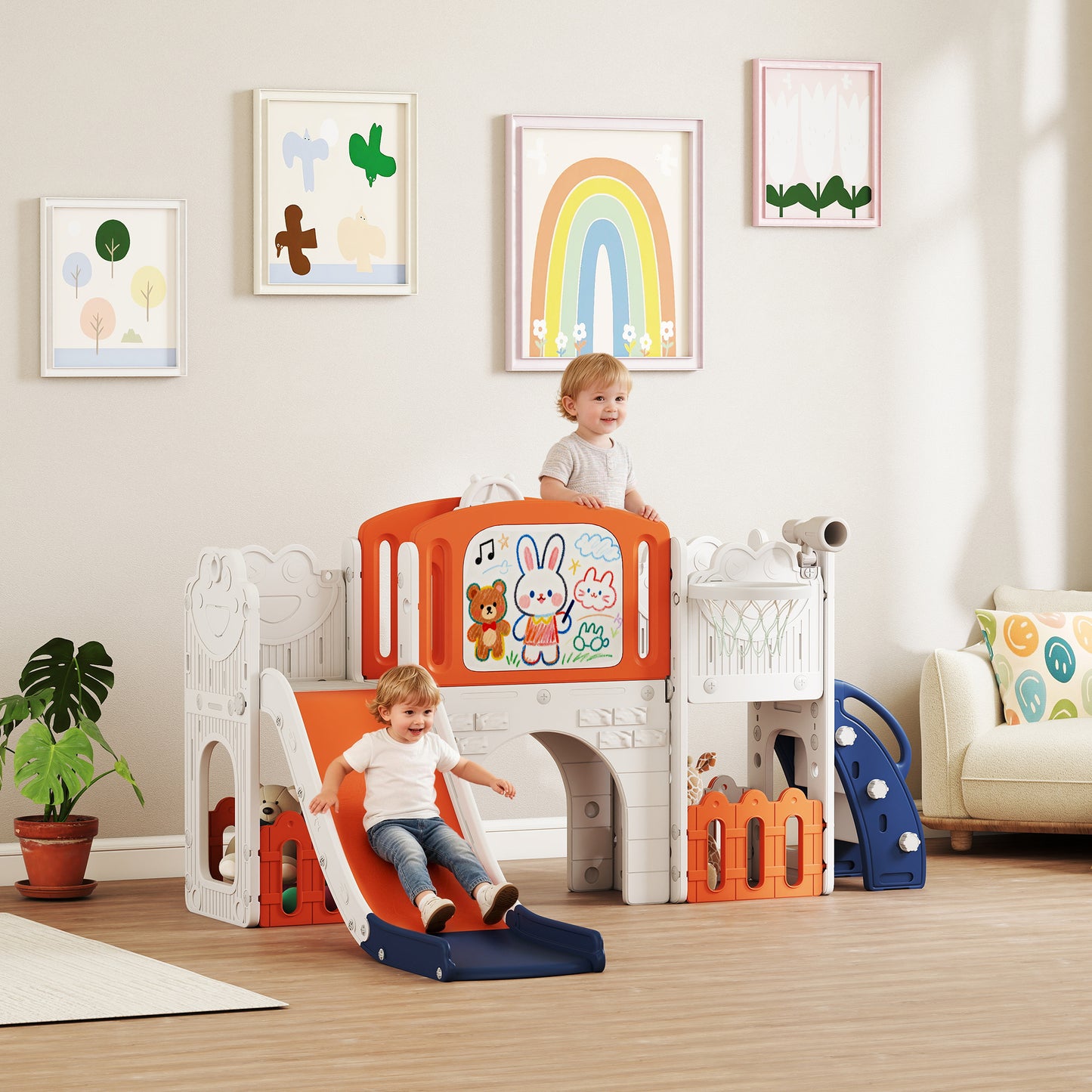 7 in 1 Toddler Slide Set with Basketball Hoop, Climbing Frame