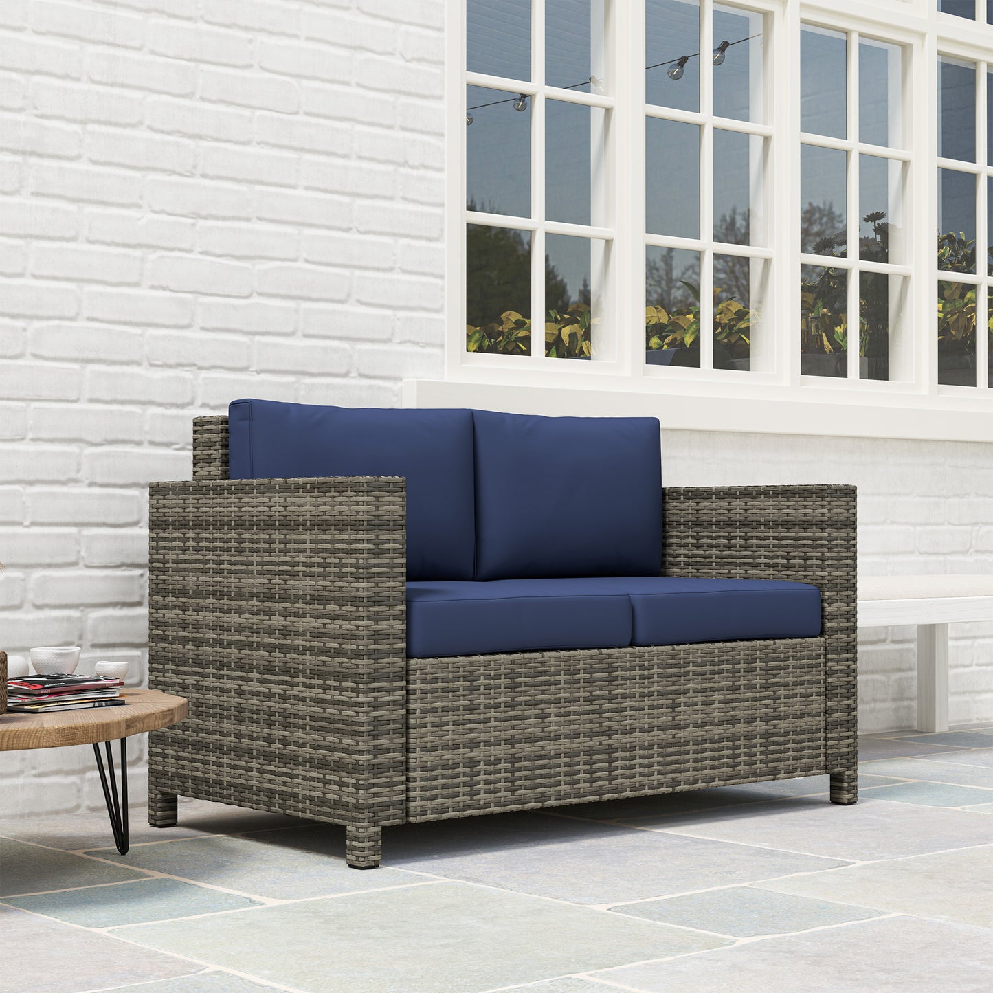 Rattan Sofa, 2 Seater Garden Furniture with Soft Padded Cushion