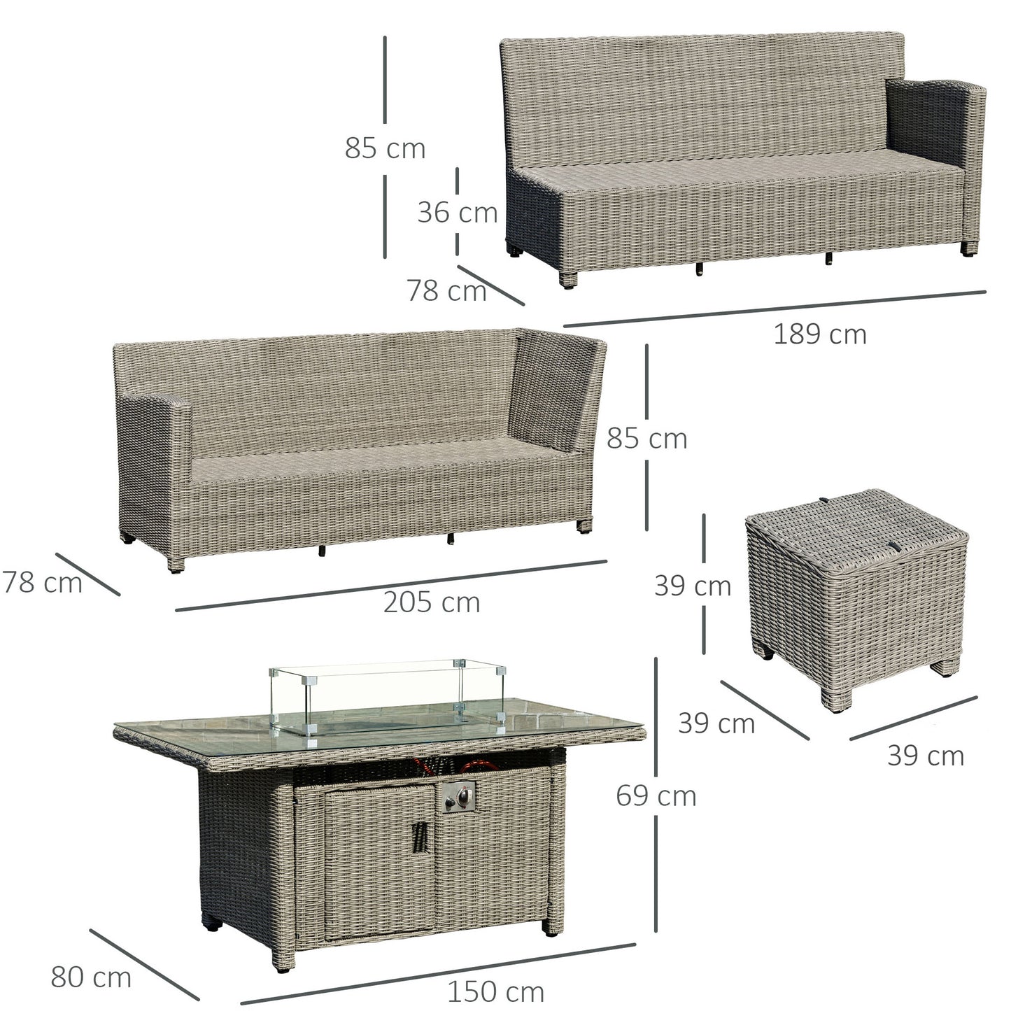 8-Seater Outdoor PE Rattan Sofa Set Conversation Set w/ Fire Pit