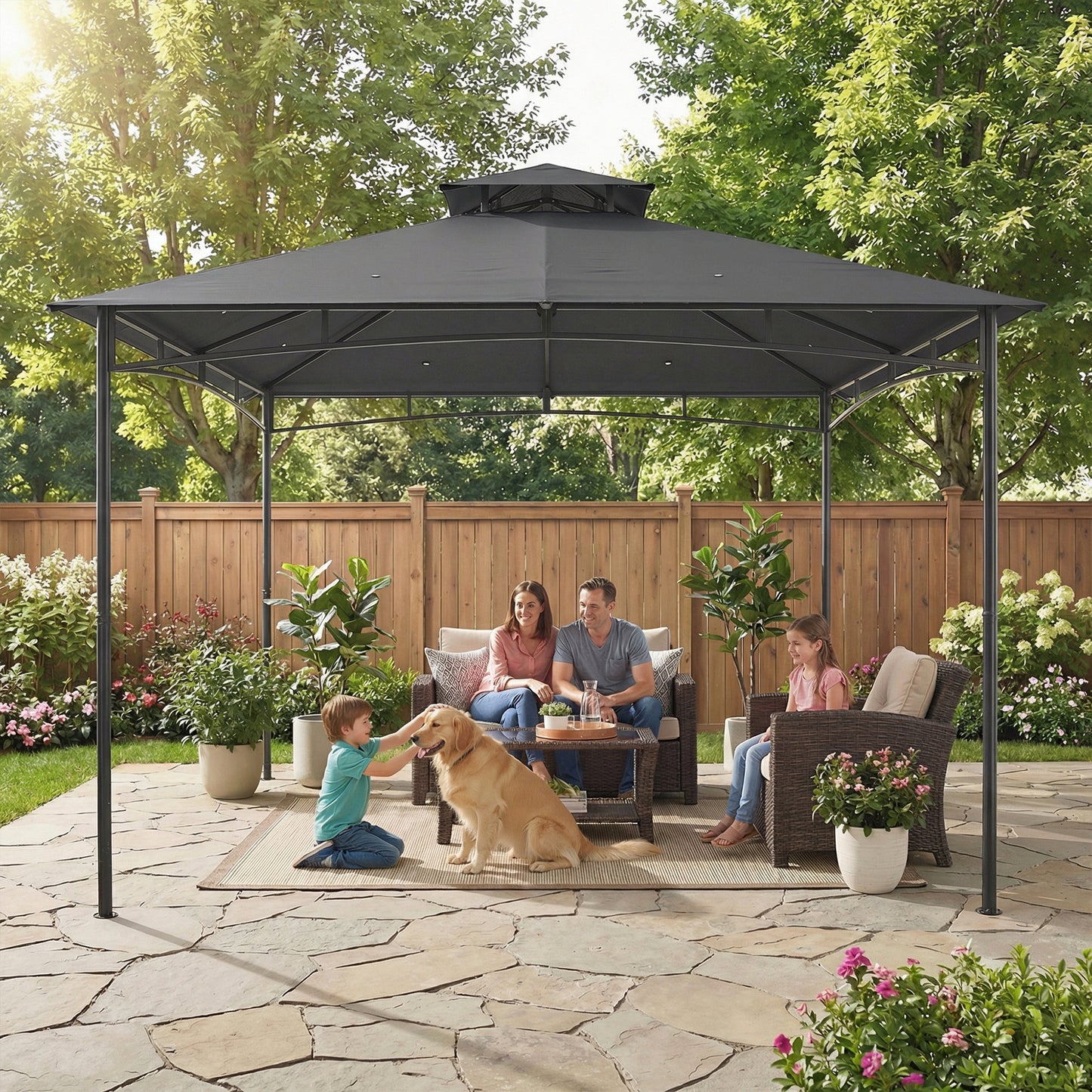 3 x 3 m Gazebo, Garden Gazebo with 2-Tier Roof, Metal Frame