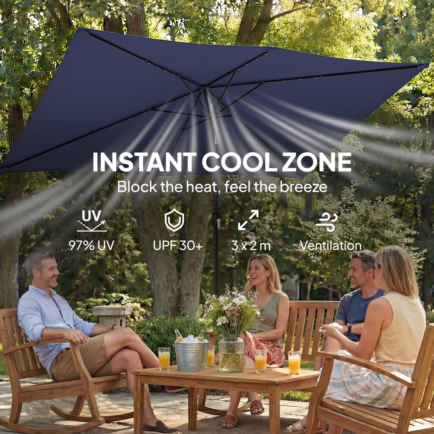 3 x 2 m Garden Parasol Umbrella with LED Solar Light, Parasol Cover
