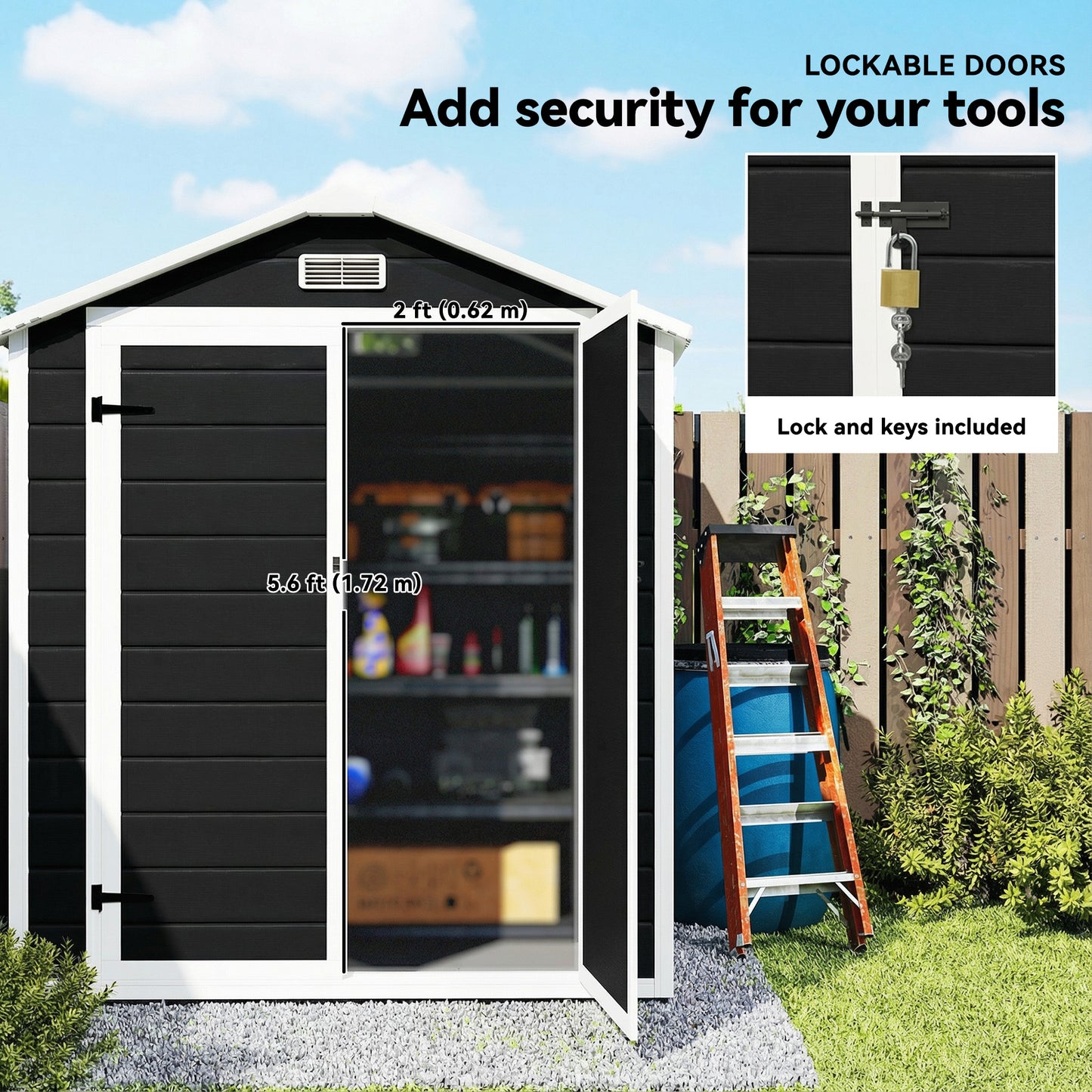 6'x4.5' Garden Storage Shed, Lockable Garden Shed with Double Doors