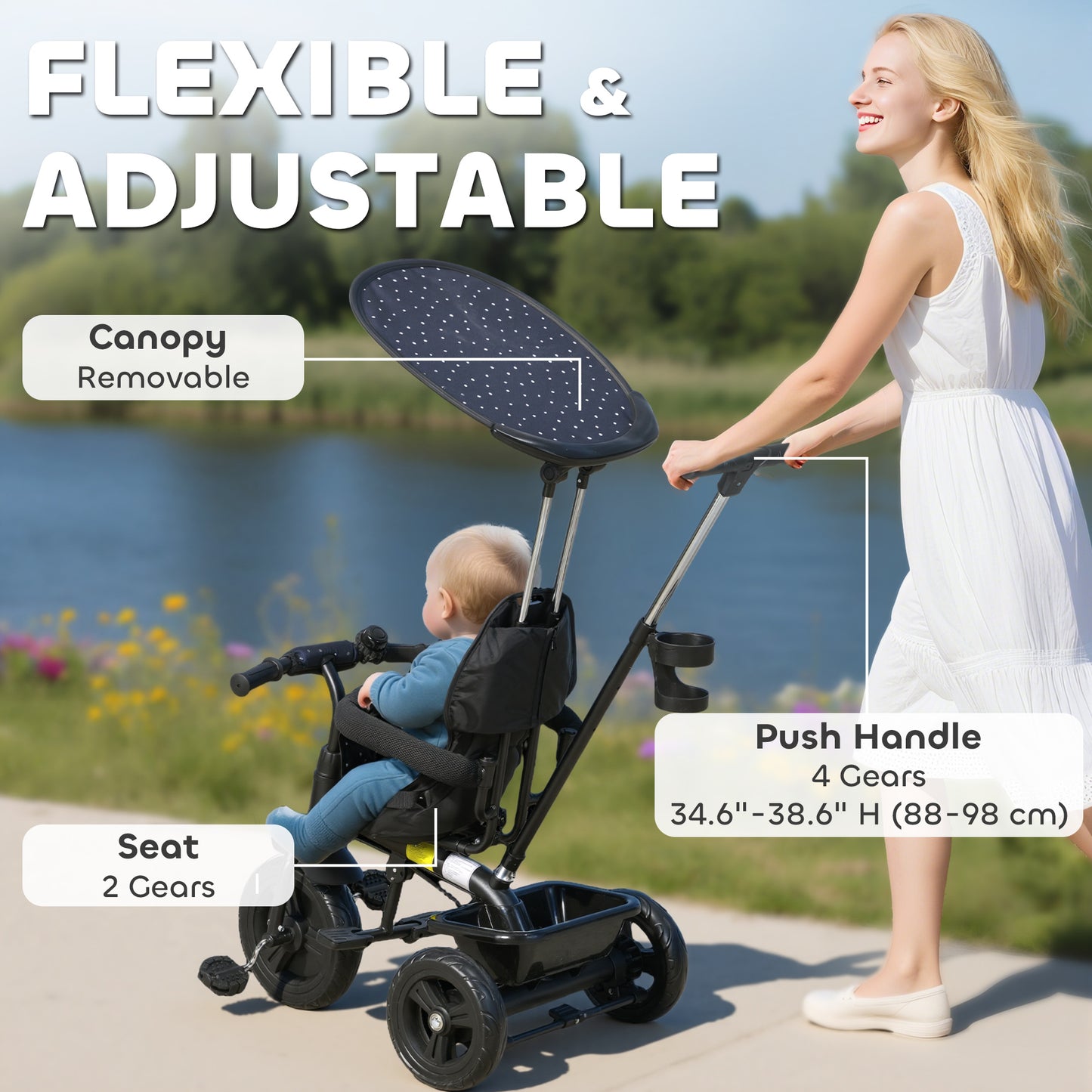 6 in 1 Tricycle for Kids with 5-point harness straps, Removable Canopy