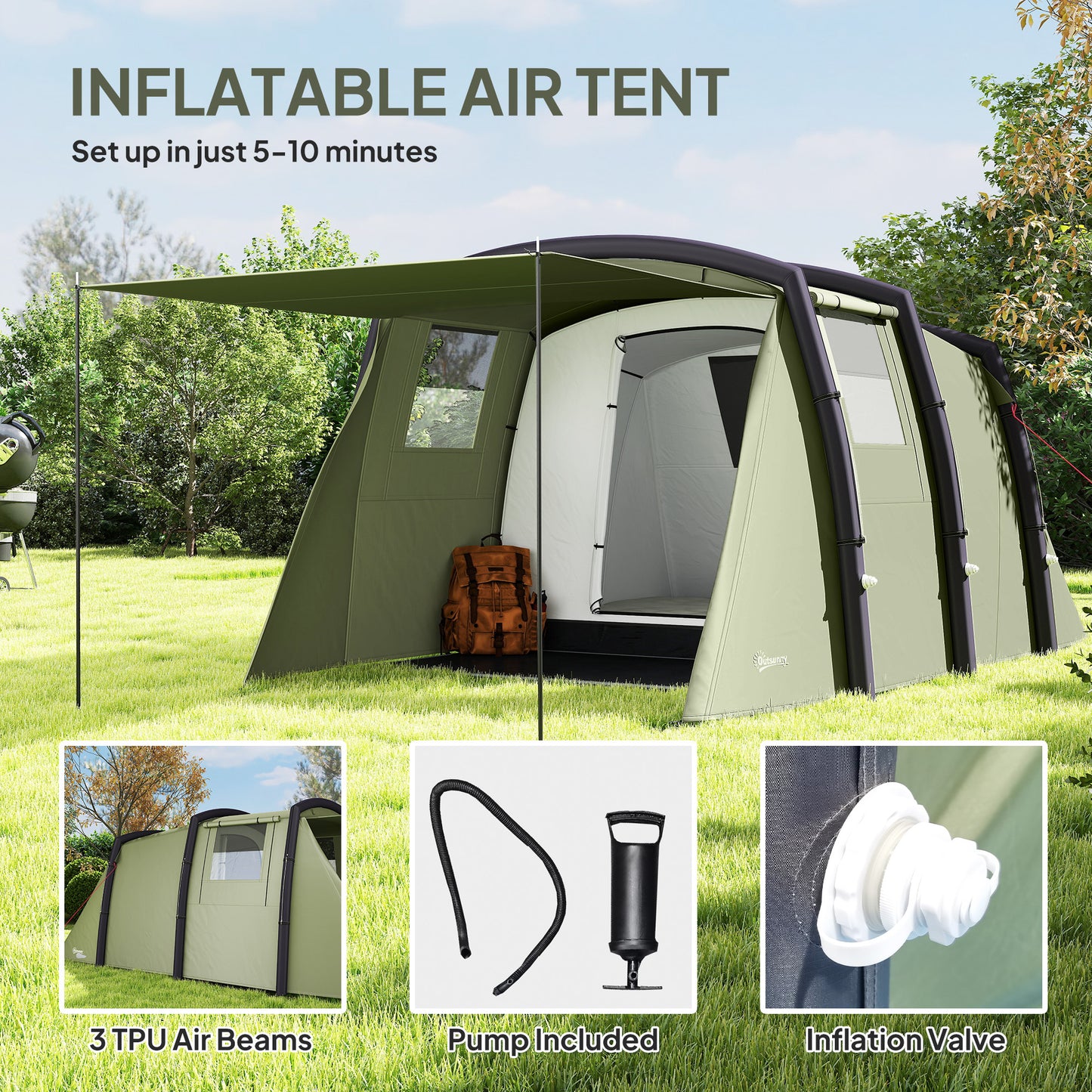 Inflatable 3-4 Man Tunnel Tent w/ Air Pump, Living Area & Vestibule (1)