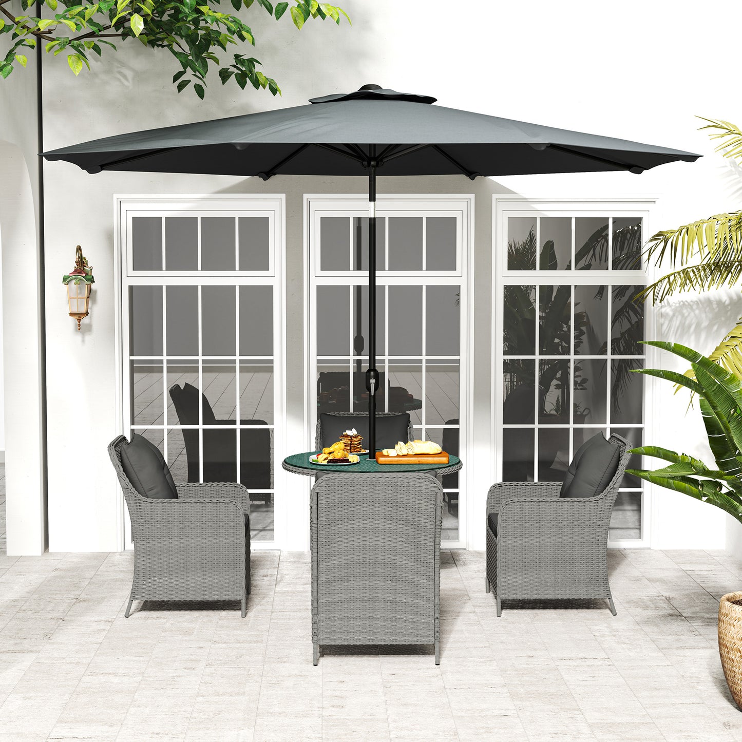 4 Seater Rattan Dining Set with Parasol & Cushions