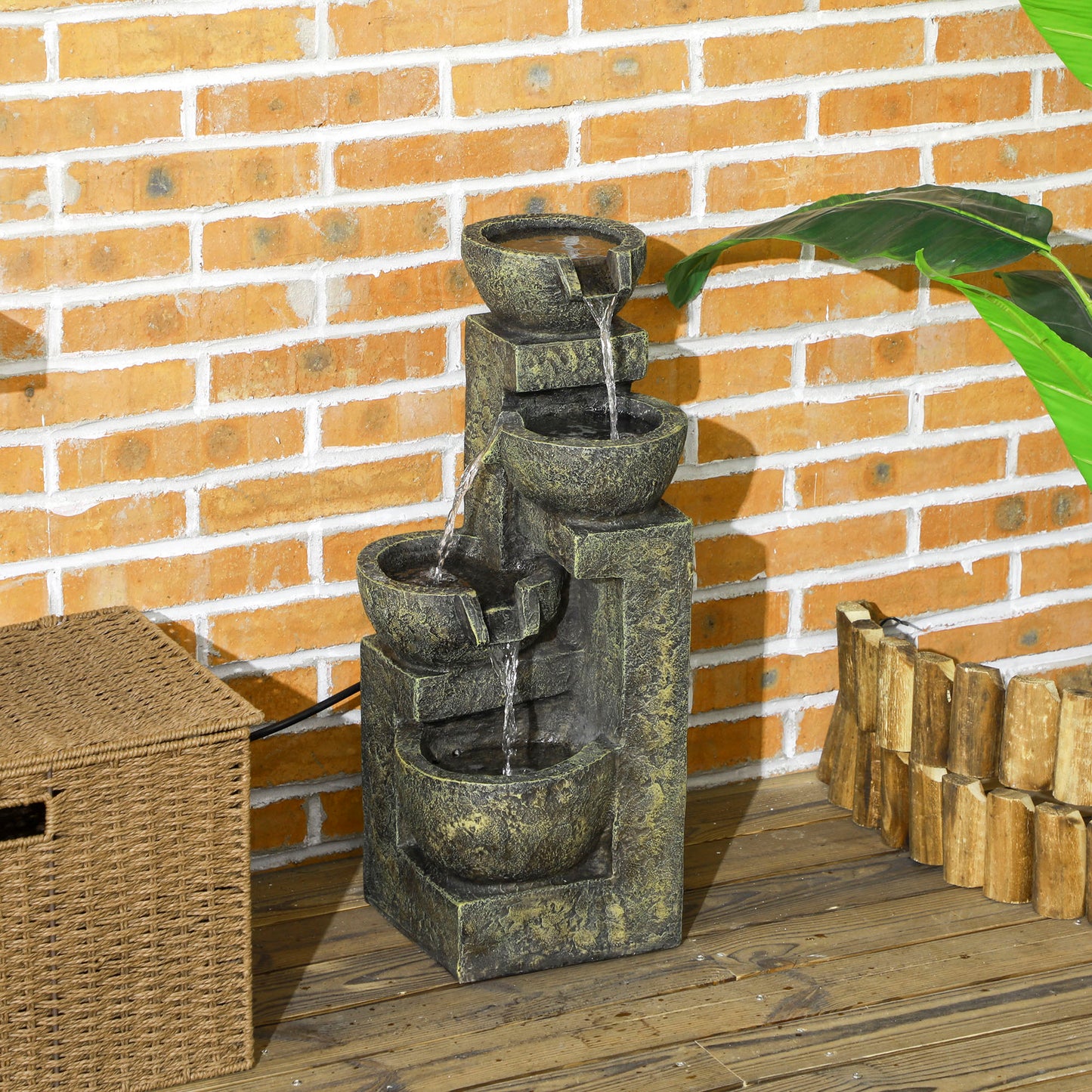 Garden Water Feature Waterfall Fountain with 4-Tier Stone Look Bowls