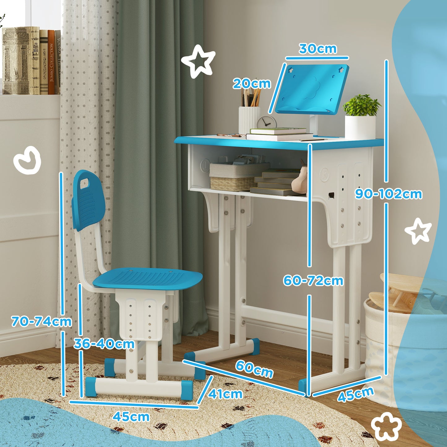 Kids Adjustable Desk and Chair Set, Book Stand, Pen Slot