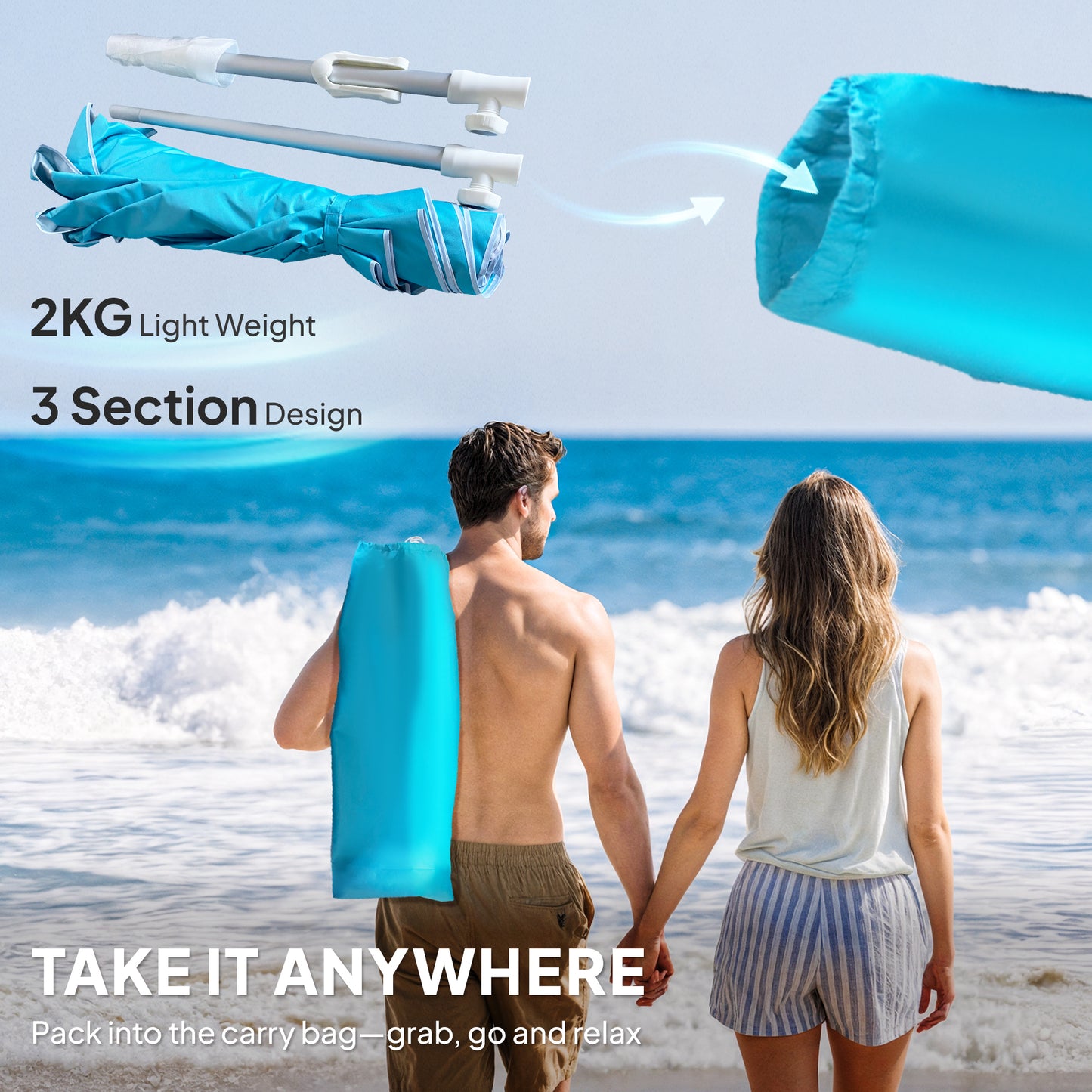 Beach Umbrella Portable with Sand Anchor, Carry Bag