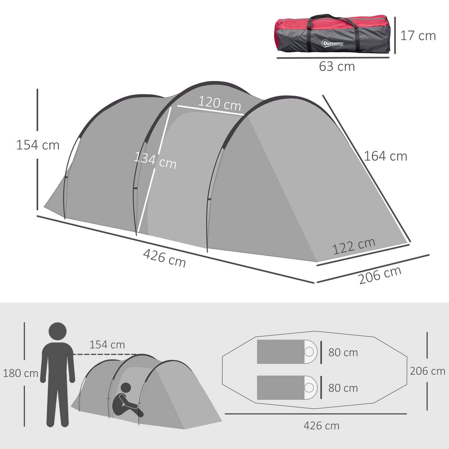 2-3 Person Tunnel Tent with Sewn-in Groundsheet, Air Vents, Rainfly