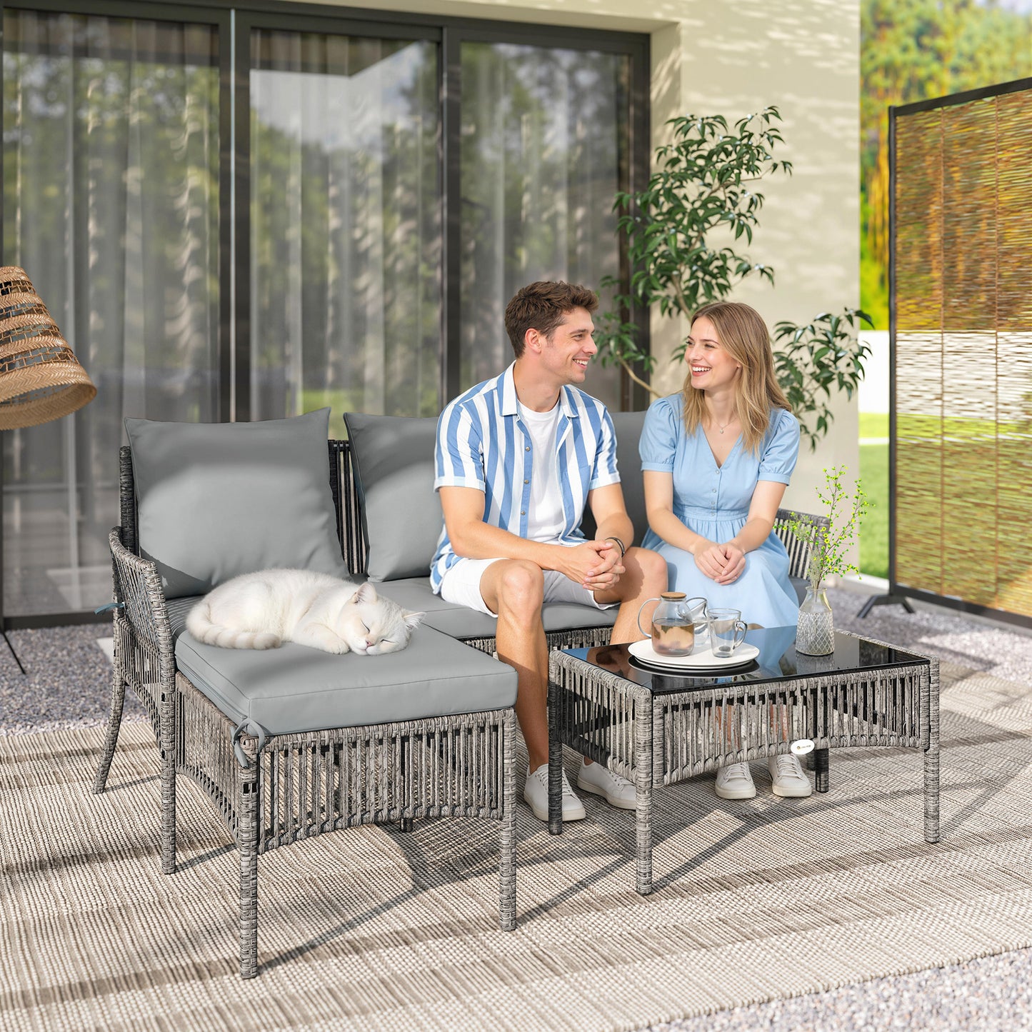 3 Piece Rattan Garden Furniture Corner Sofa Set with Chaise Lounge