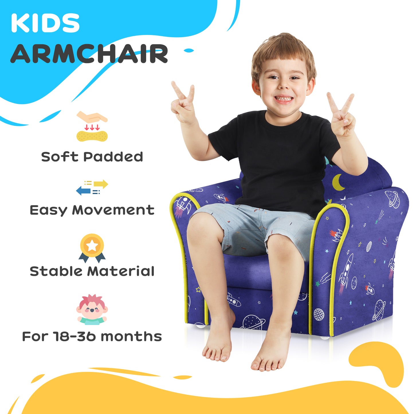 Kids Armchair with Planet Dinosaurs Design, Wooden Frame