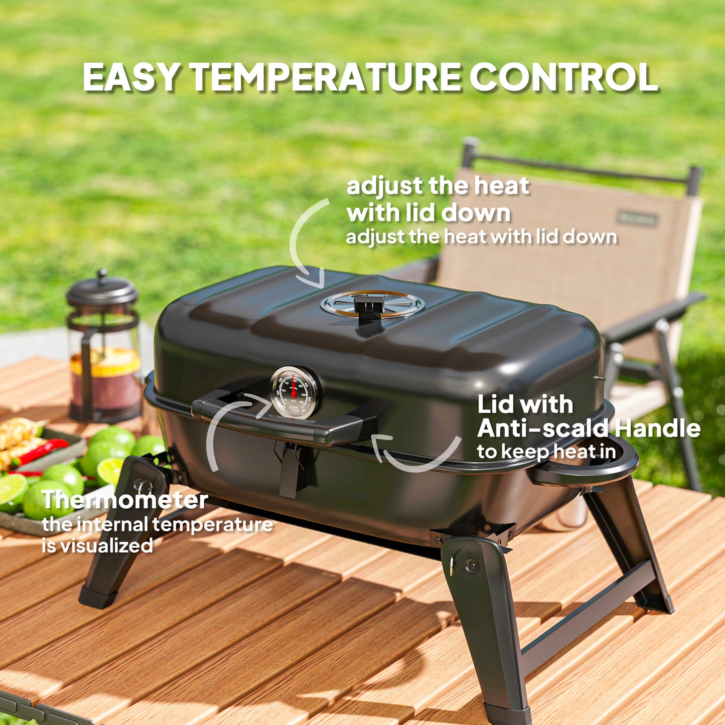 Charcoal Barbecue Grill Folding BBQ Grill with 1232 cm² Cooking Area