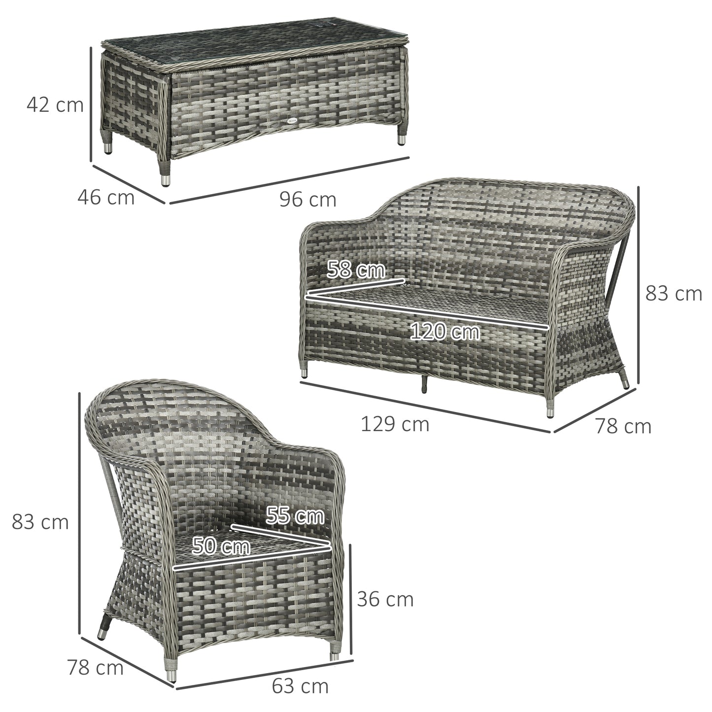 Four-Piece Rattan Sofa Set, with Glass-Top Table