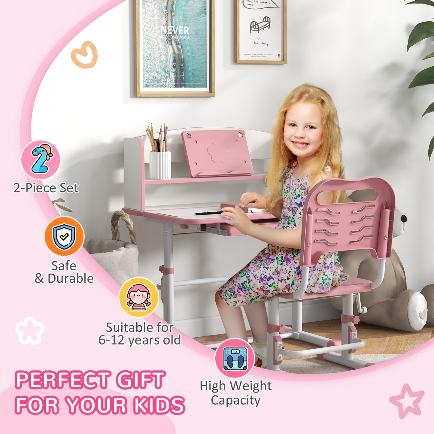 Height Adjustable Kids Study Table and Chair Set, with Drawer