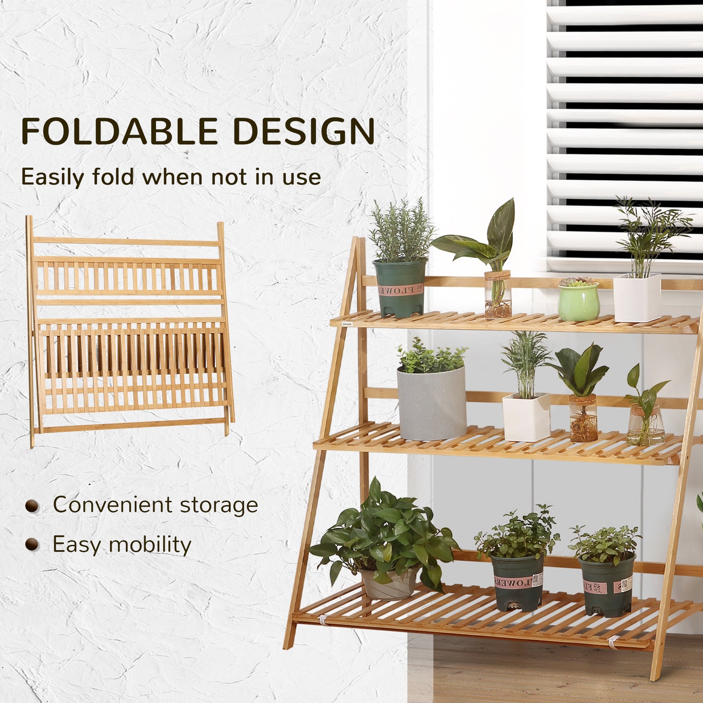 3-Tier Plant Stand, Plant Shelf Rack, Folding Bamboo Display Stand