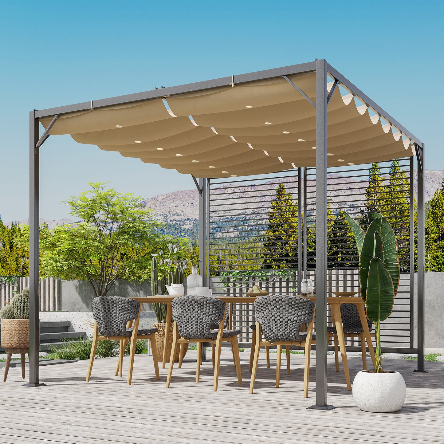 3 x 2.8m Metal Pergola, with Retractable Fabric Roof