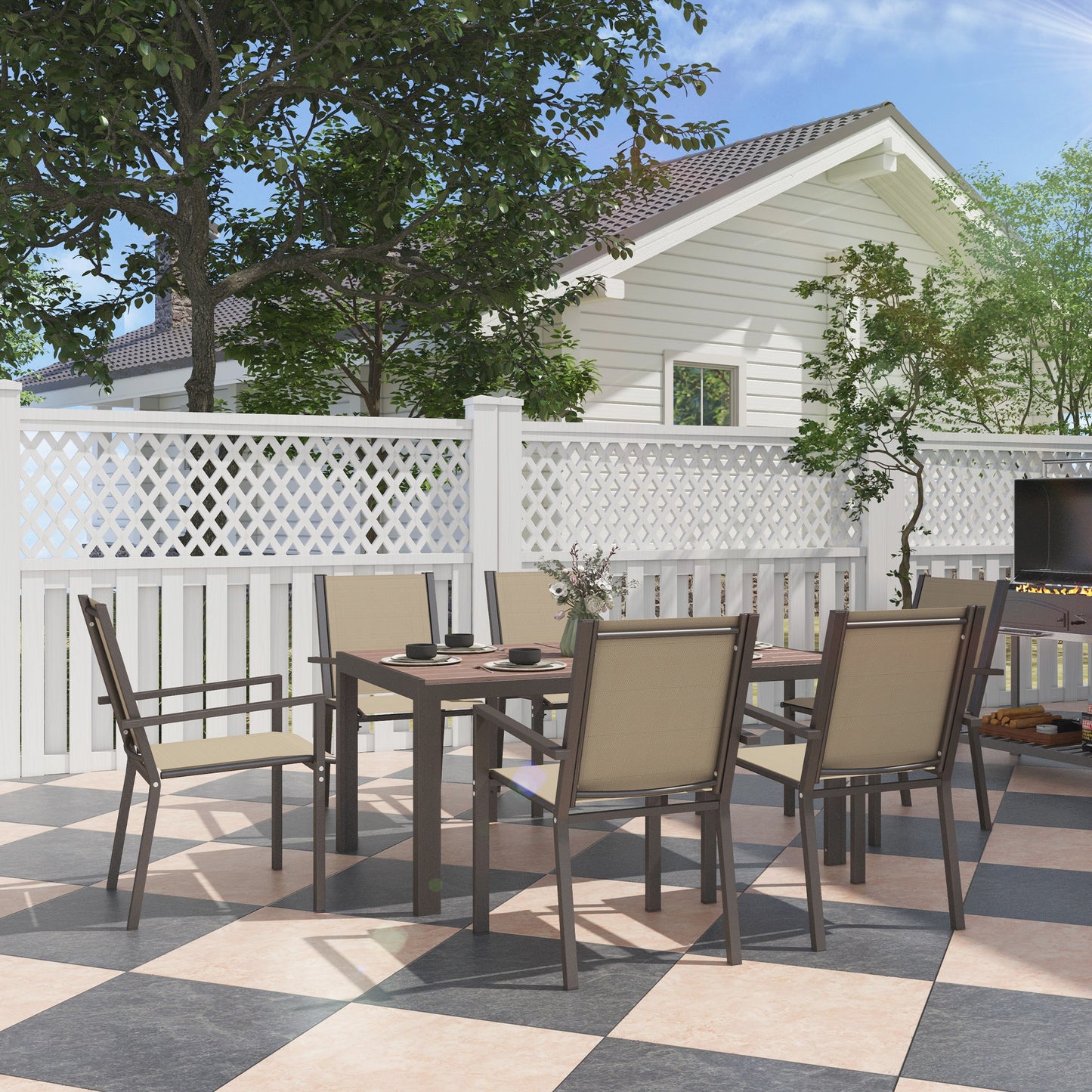Seven-Piece Garden Dining Set, with Plastic Wood-Top Table