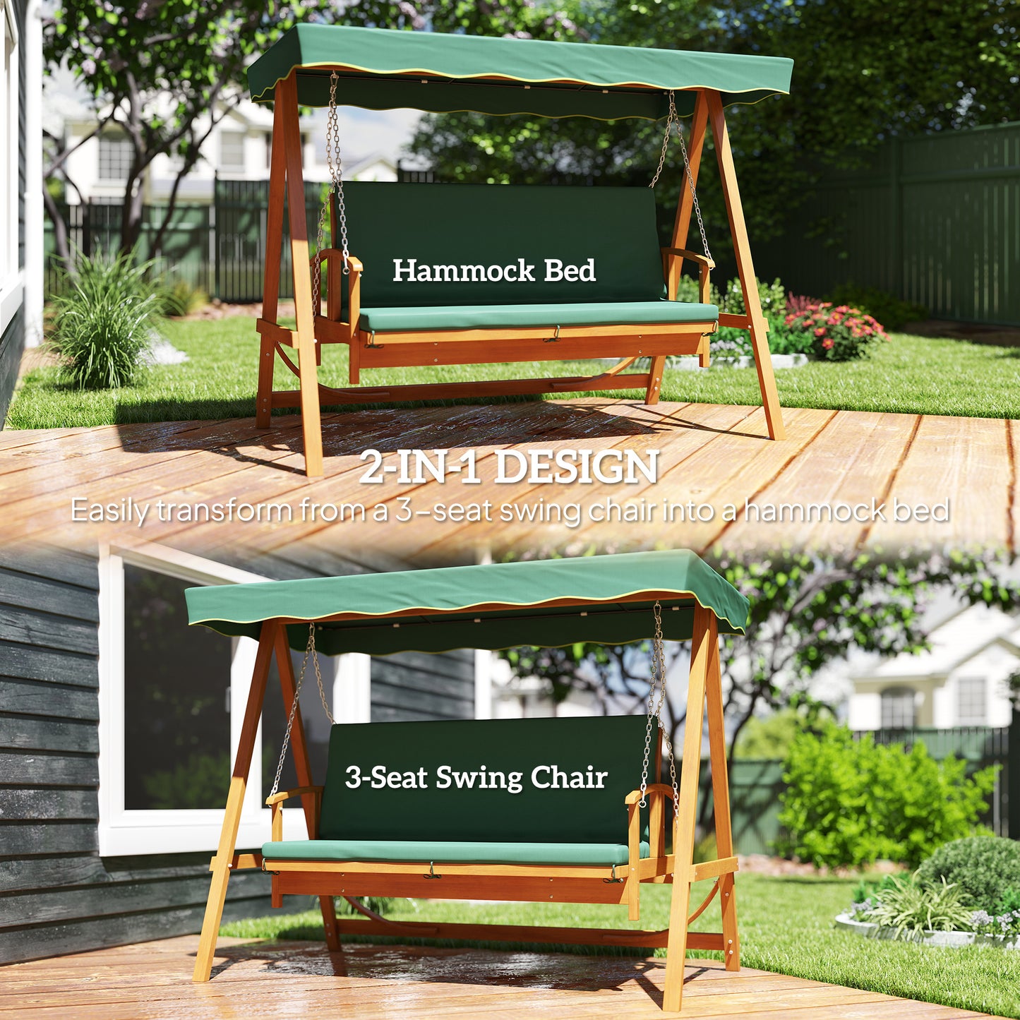 3 Seater 2-in-1 Wooden Garden Swing Seat Swing Chair Outdoor