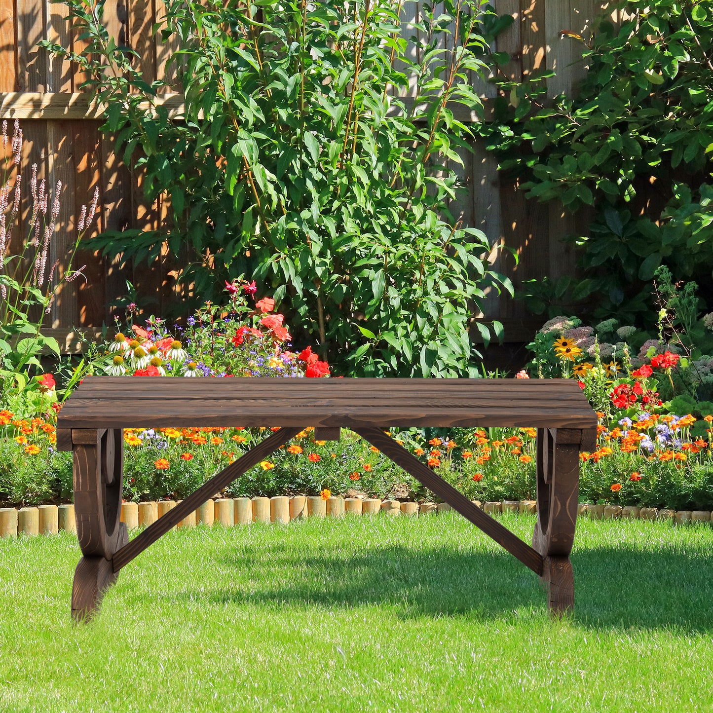 Garden Rustic Wooden Bench Wheel-Shaped Legs Slatted Seat Stable