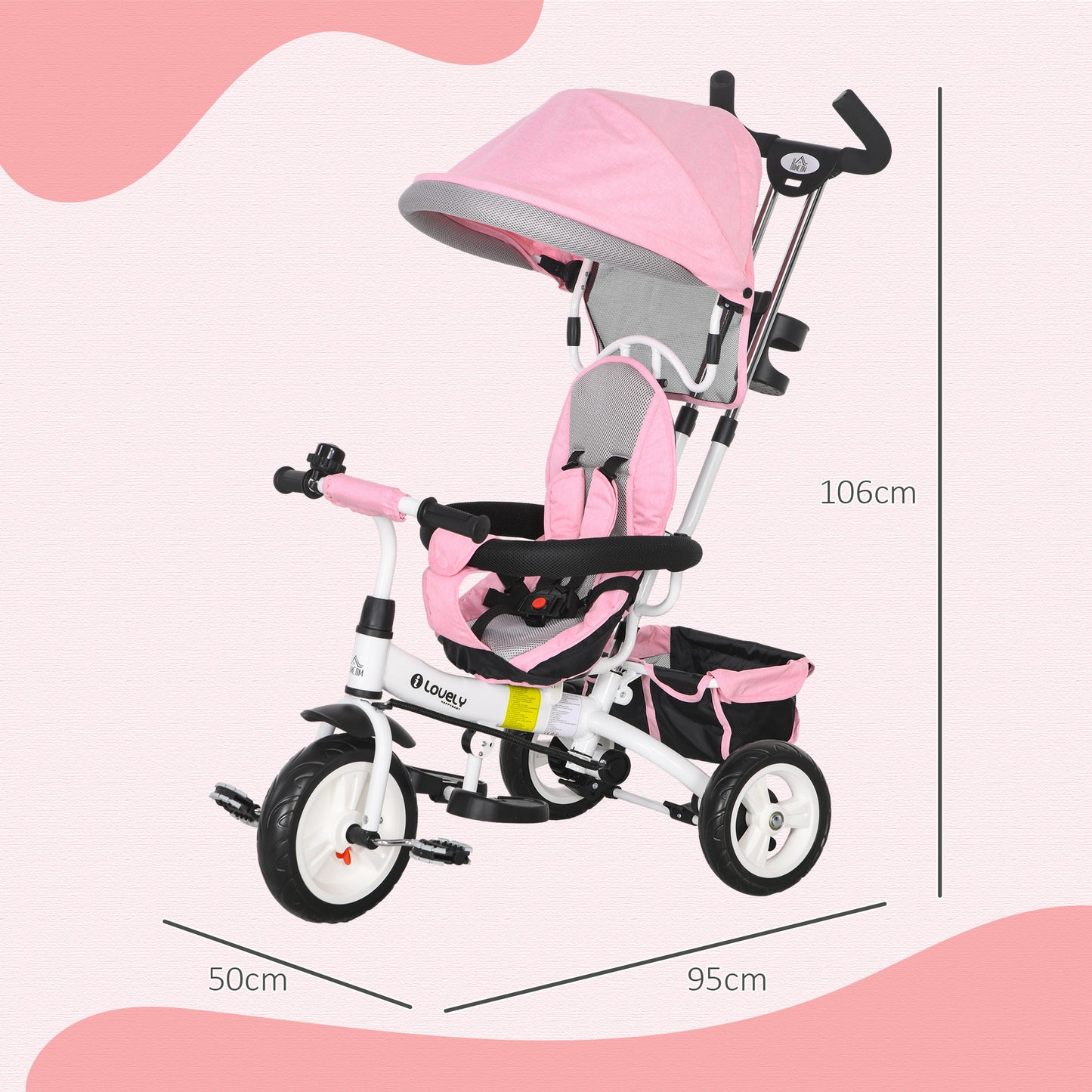 6 in 1 Kids Trike Push Bike w/ Push Handle, Canopy
