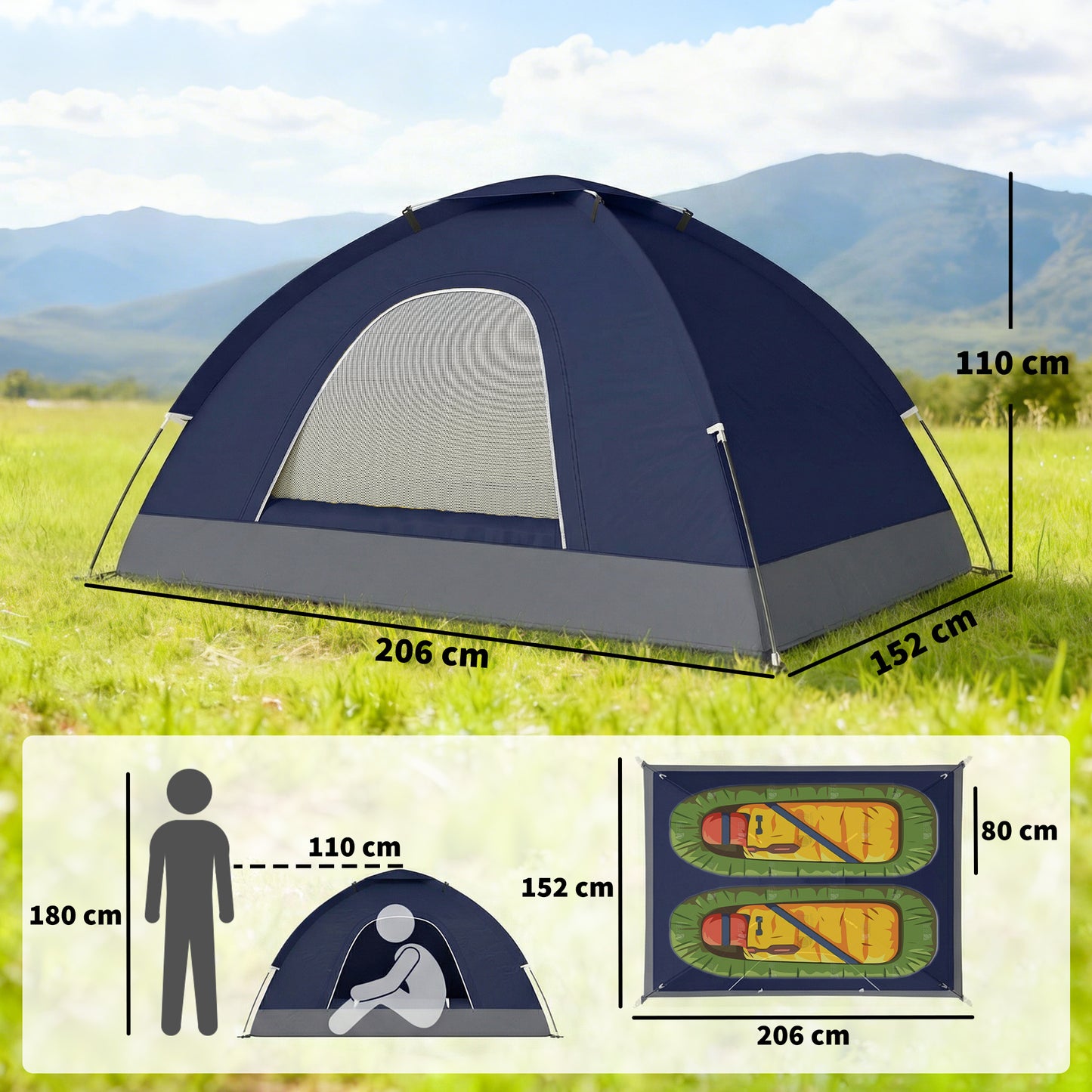 2 Person Camping Tent, Dome Tent with Zipped Doors, Storage Pocket