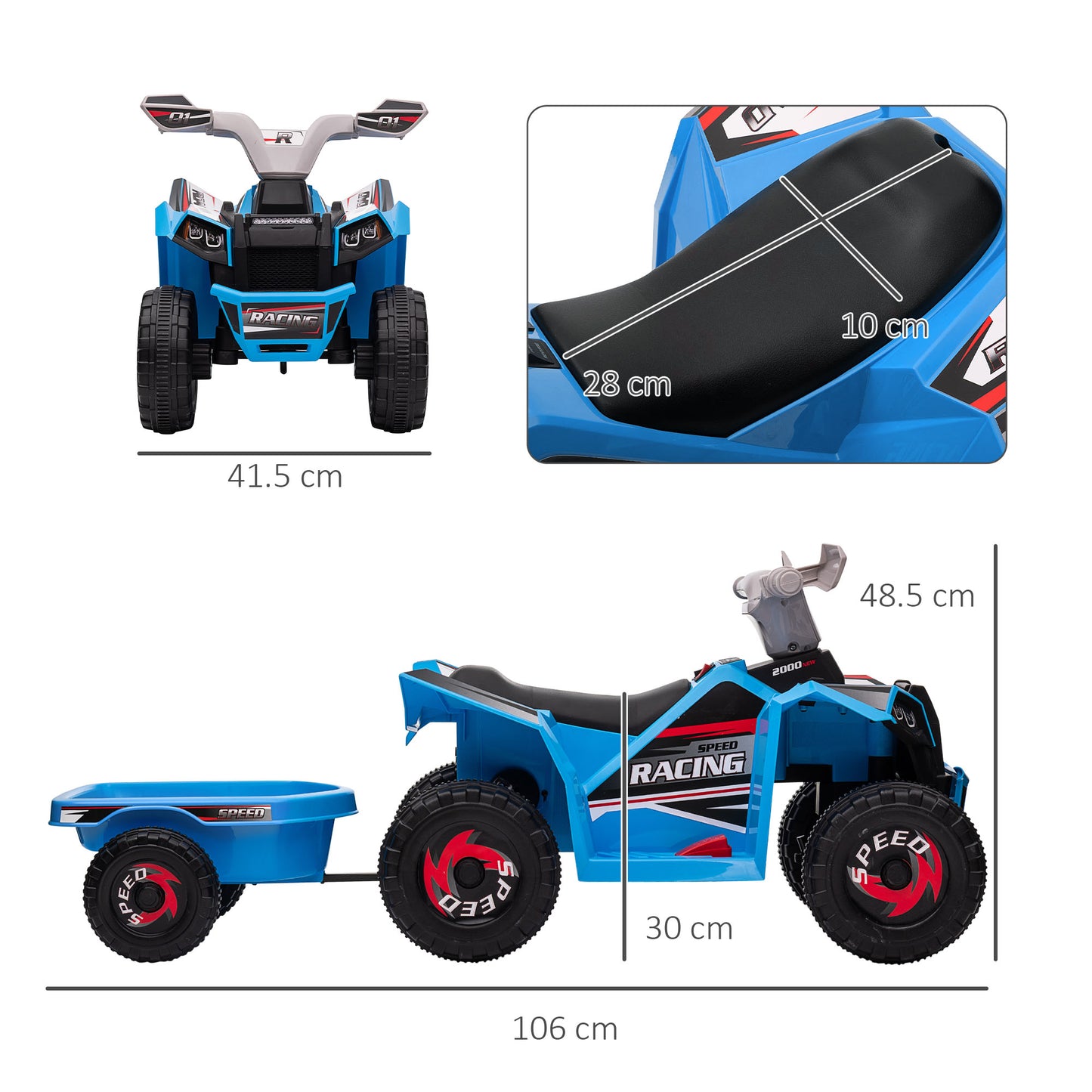 6V Quad Bike with Back Trailer, Wear-Resistant Wheels