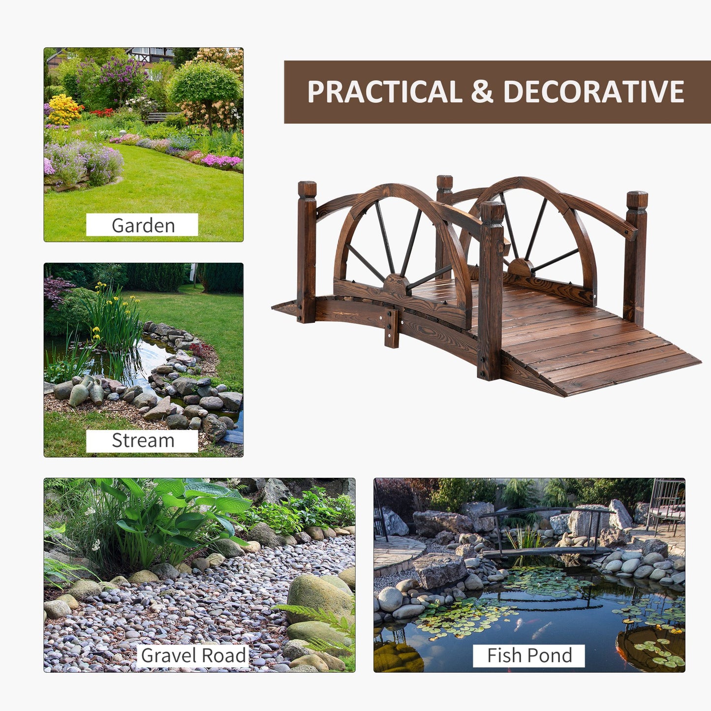 1.5M Wooden Garden Bridge Decorative Arc Footbridge