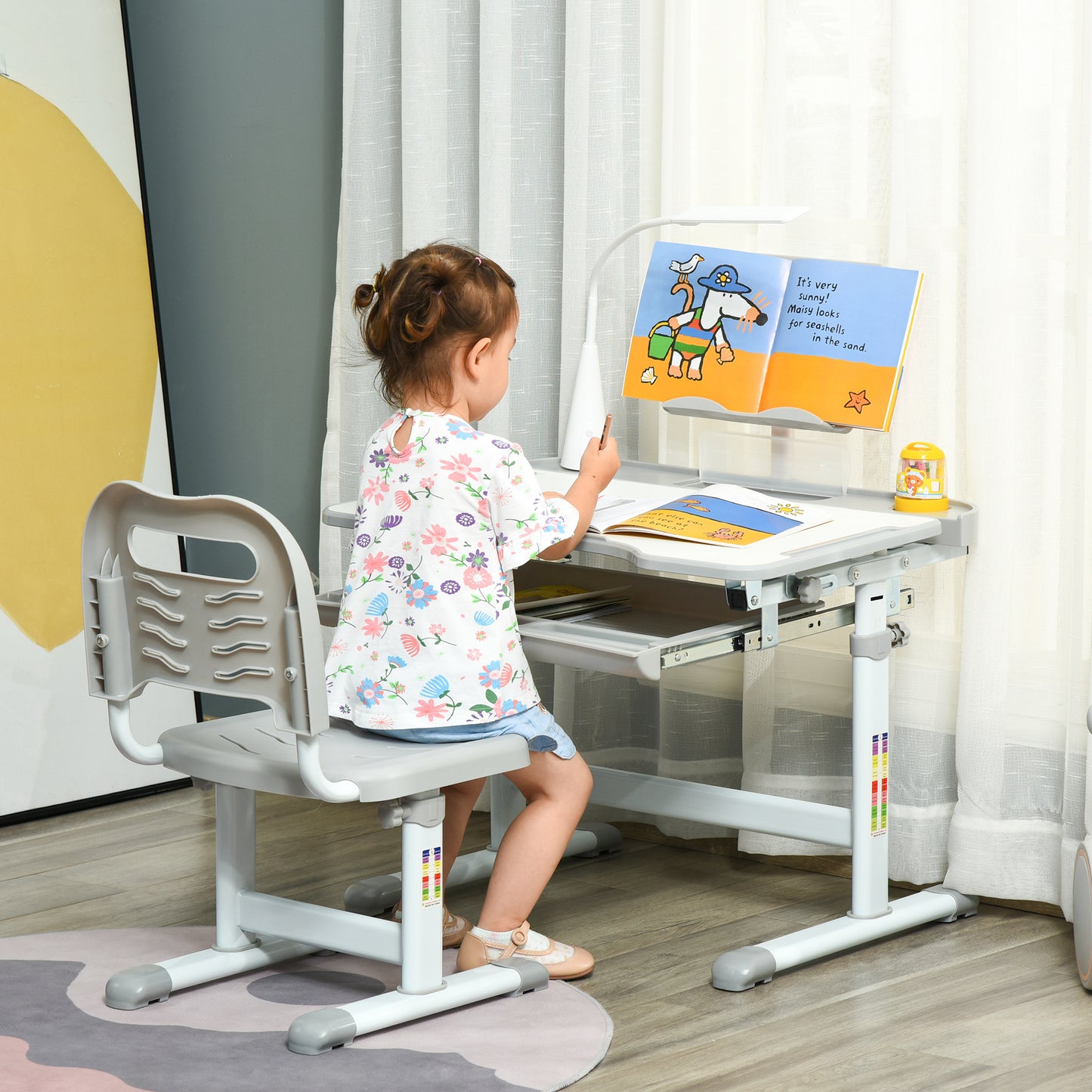 Kids Study Desk and Chair Set w/ Adjustable Height, Storage, Drawer