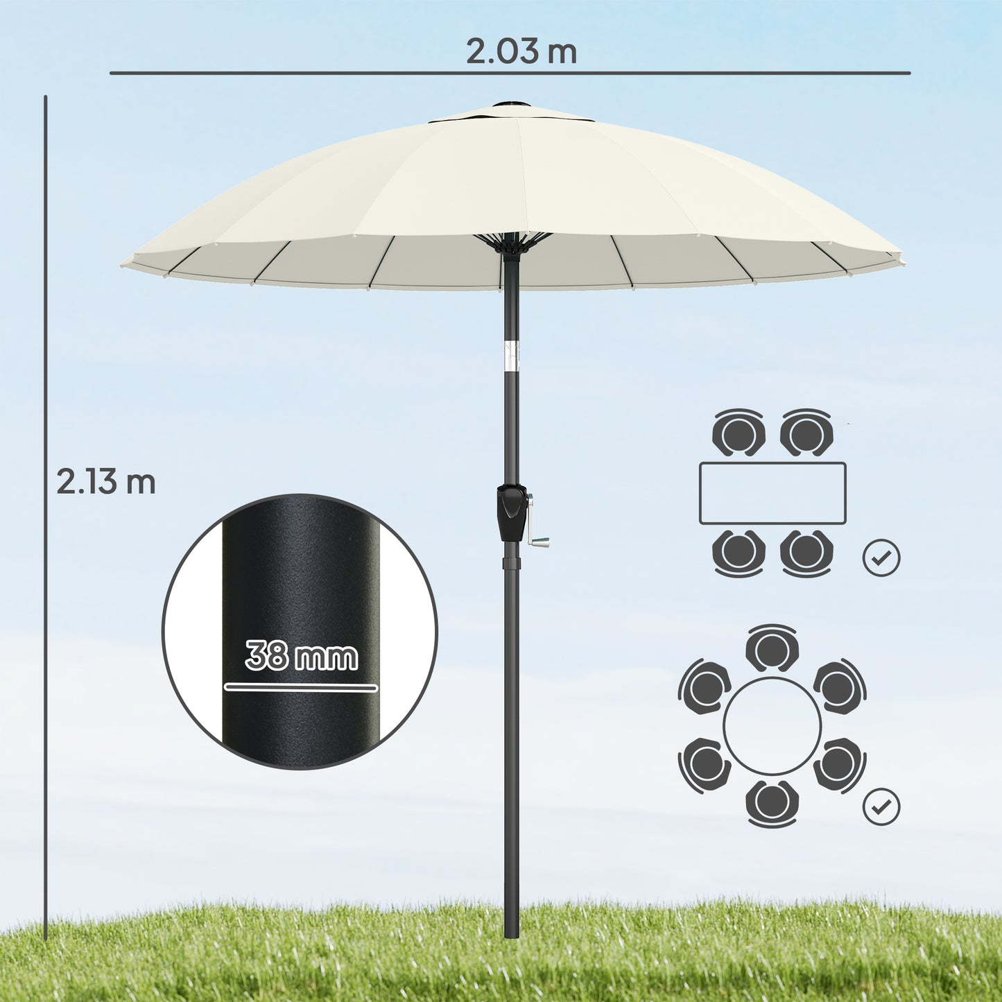 2 m Shanghai Garden Parasol Umbrella with 16 Fibreglass Ribs