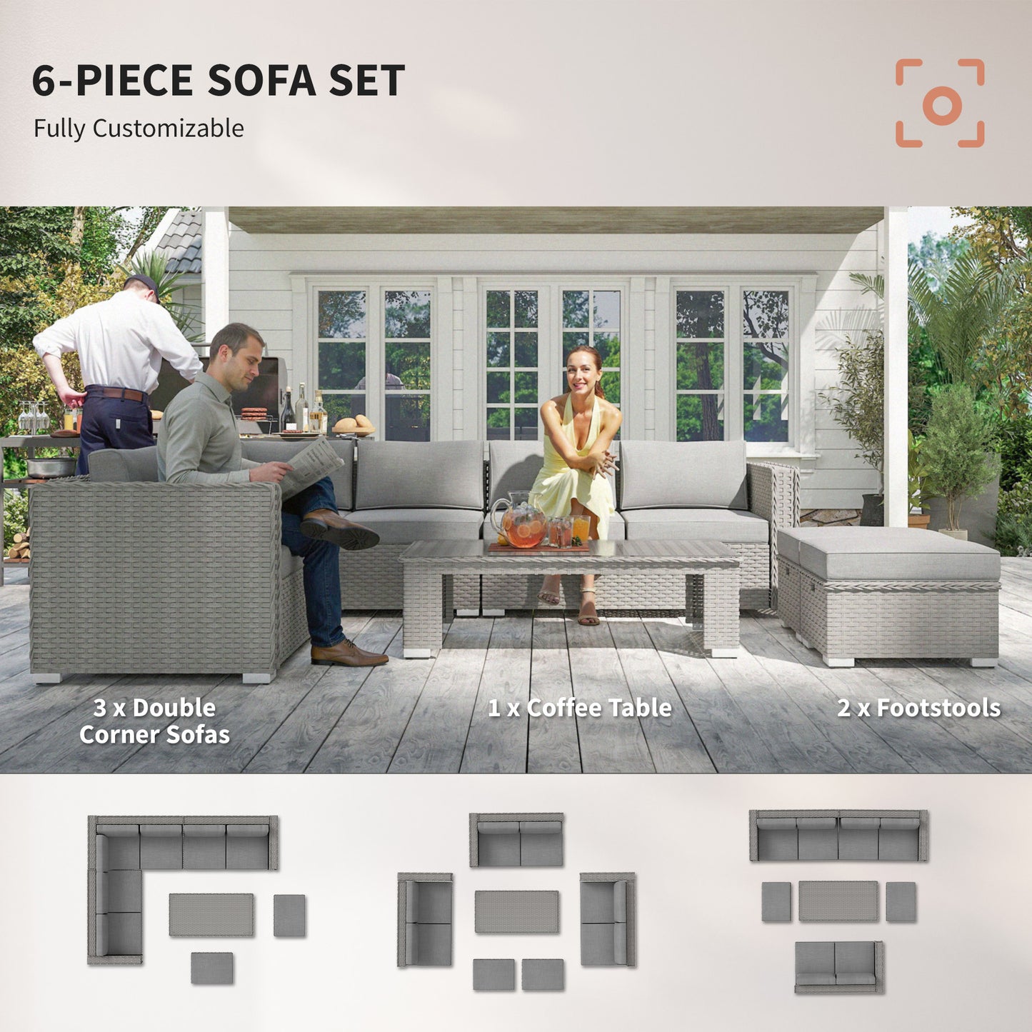 6 Pieces Outdoor PE Rattan Wicker Corner Sofa Set
