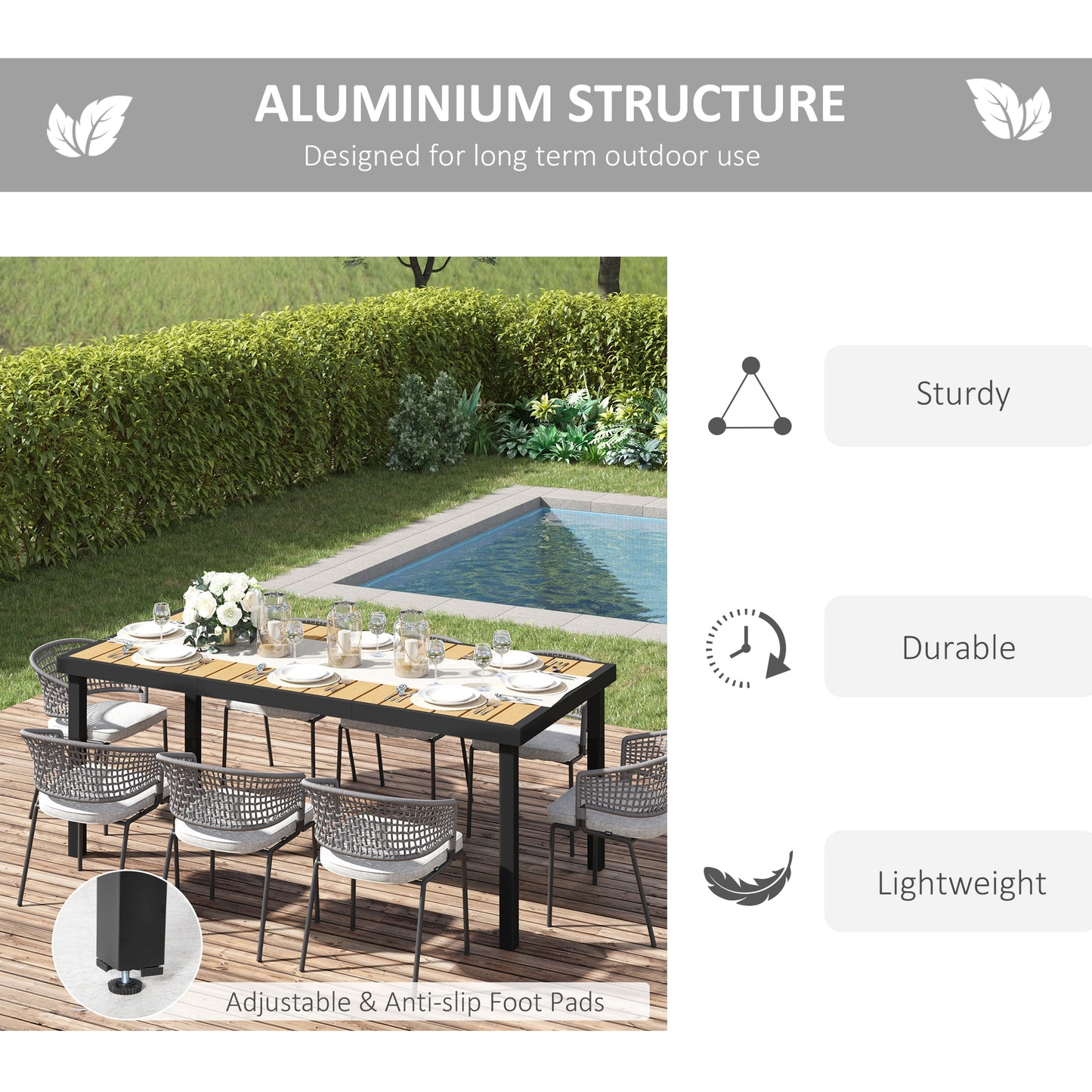 Aluminium Outdoor Garden Dining Table for 8 People, Faux Wood Top