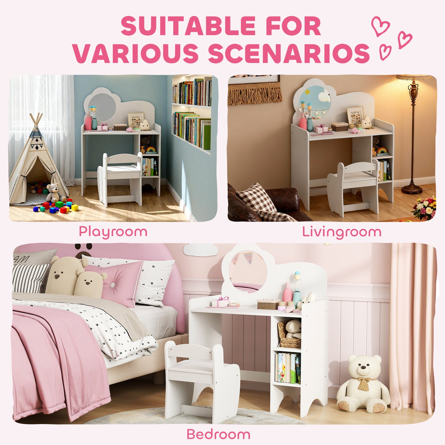 Kids Dressing Table with Mirror, Stool