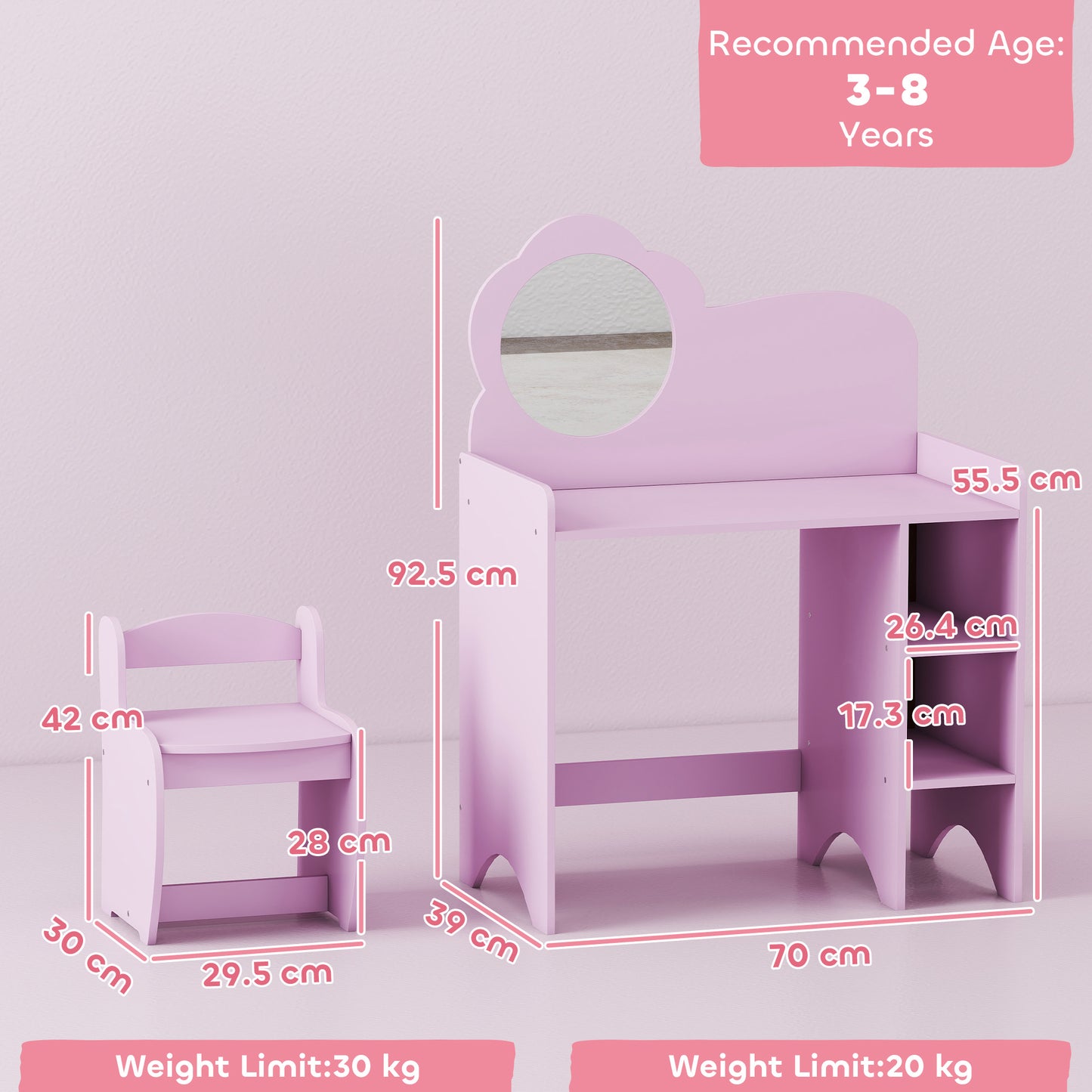 Kids Dressing Table with Mirror, Stool