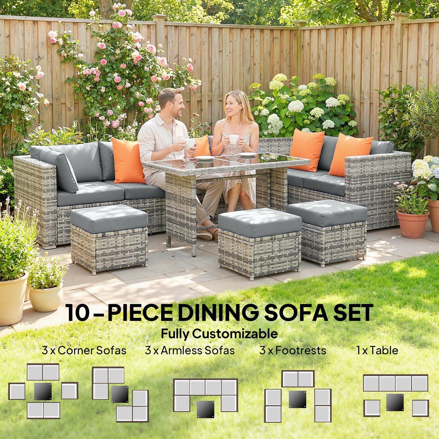 10 Piece Rattan Garden Furniture Set, 3 Corner Sofas with 3 Chairs