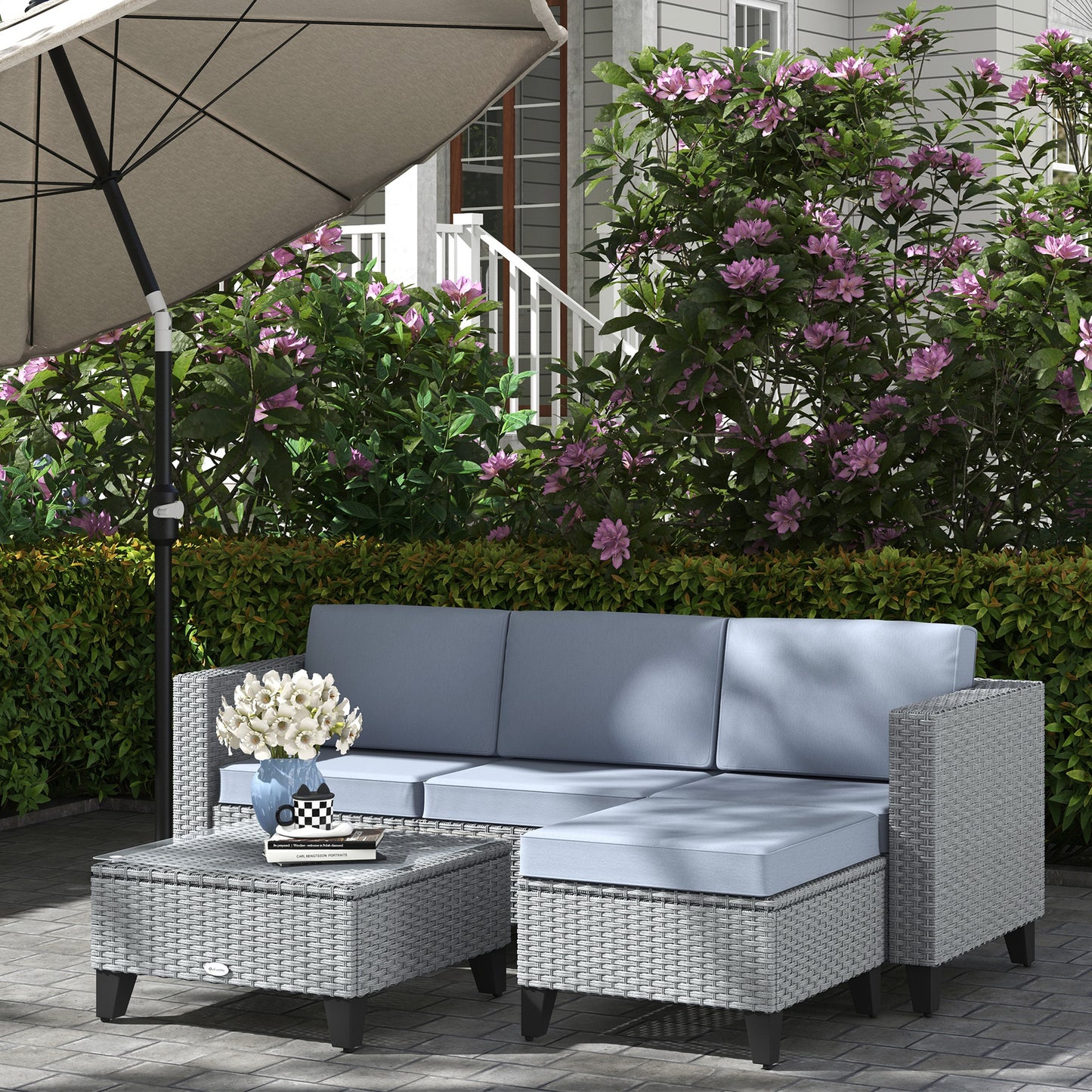 5-Piece Rattan Patio Furniture Set with Corner Sofa, Footstools